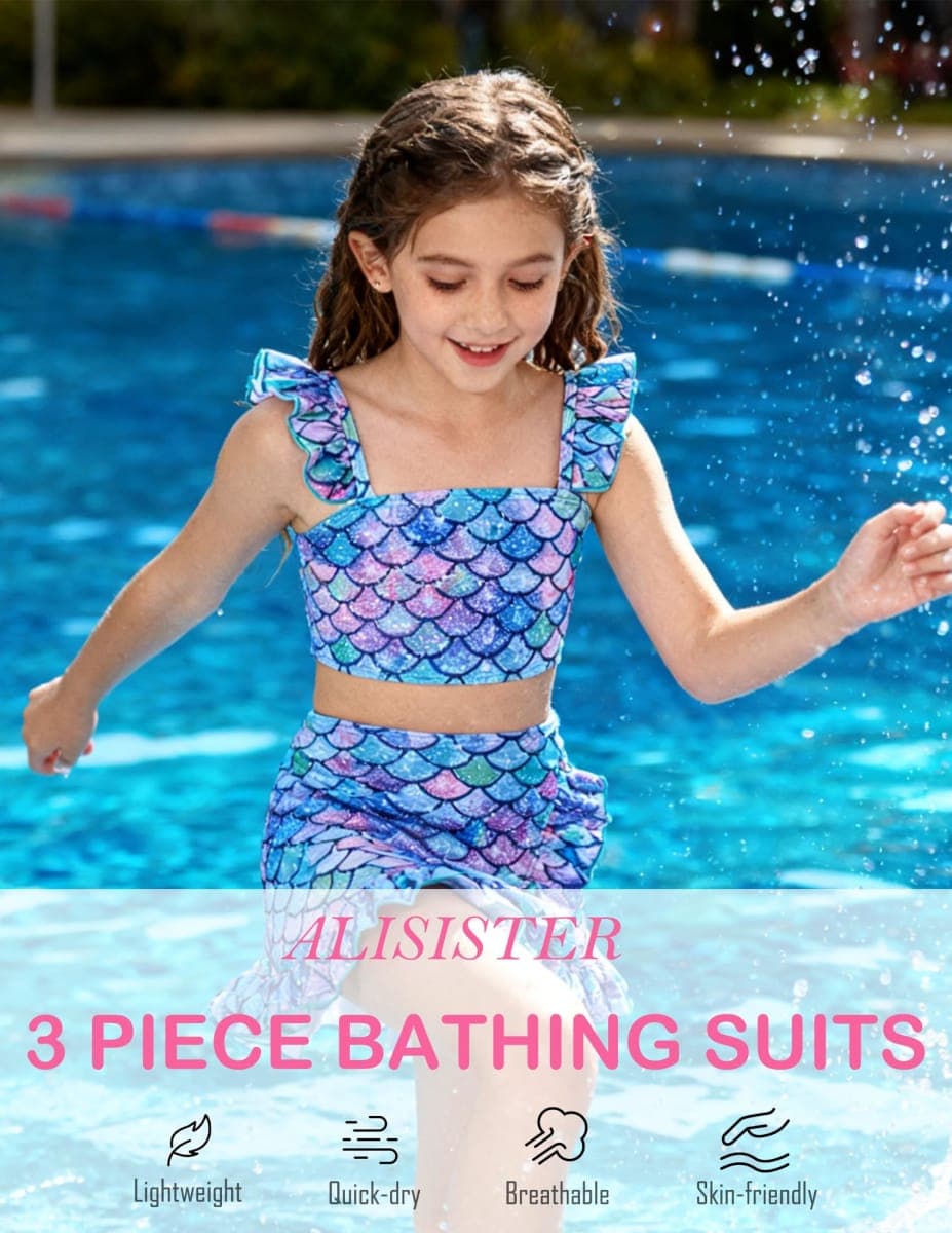 ALISISTER Girls Bathing Suits 3 Piece Swimsuit Summer Bikini Tankini Sets with Cover Up Skirt for 5-12 Years, 02 Mermaid-01, 7-8 Years thumbnail 5