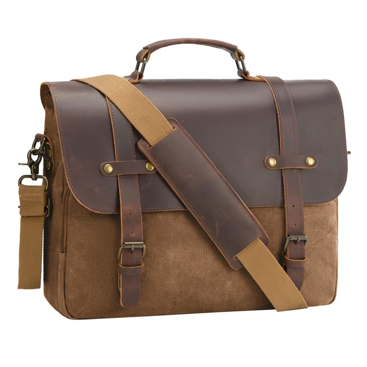 Men's Messenger Bag Waxed Canvas Briefcase 16 Inch, Coffee