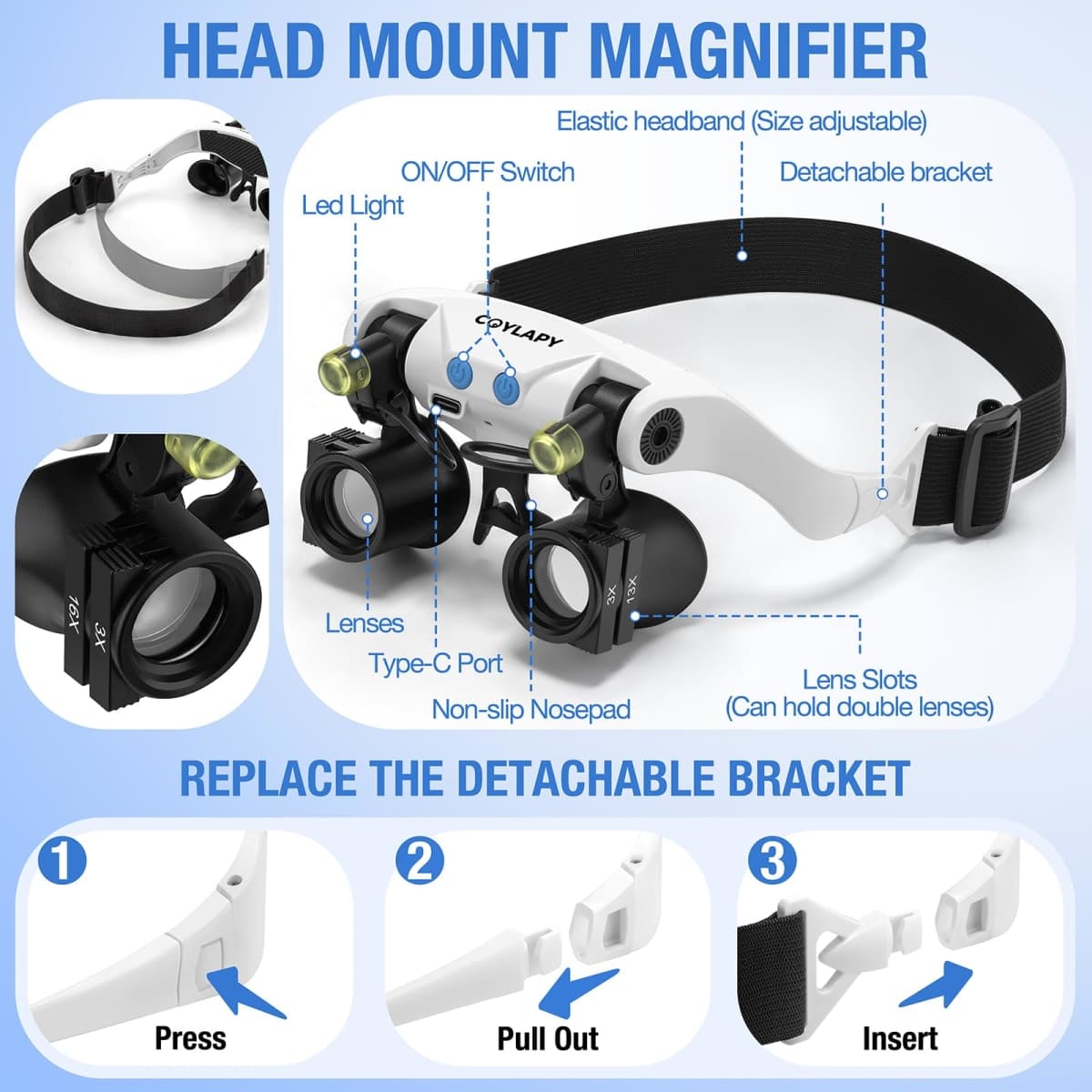 COYLAPY Magnifying Glasses for Close Work, Jewelers Magnifying Glasses with Light & 7 Interchangeable Lens Pairs(3X 5X 6X 7X 10X 13X 16X), Headband Loupe Magnifier for Watch Repair, w/Case thumbnail 2