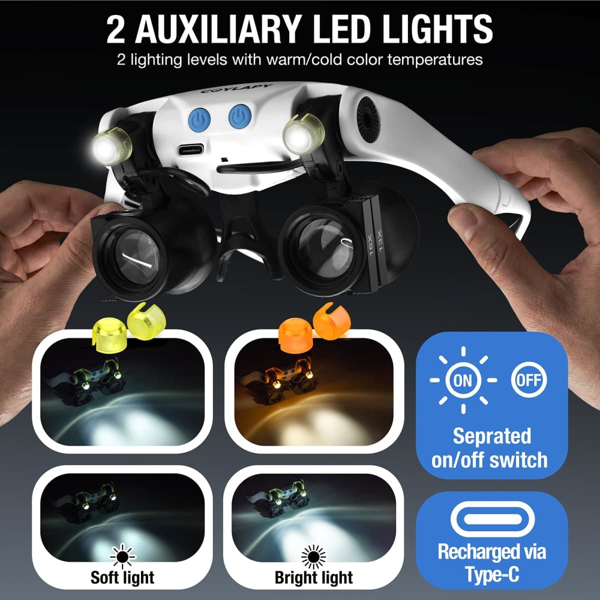 COYLAPY Magnifying Glasses for Close Work, Jewelers Magnifying Glasses with Light & 7 Interchangeable Lens Pairs(3X 5X 6X 7X 10X 13X 16X), Headband Loupe Magnifier for Watch Repair, w/Case thumbnail 4