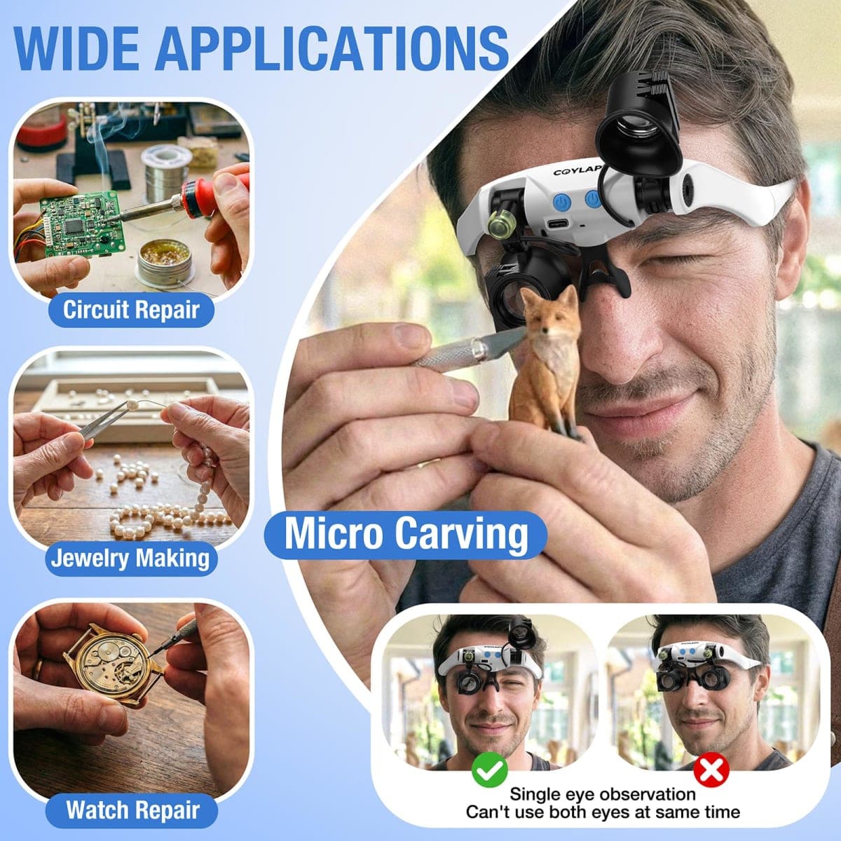 COYLAPY Magnifying Glasses for Close Work, Jewelers Magnifying Glasses with Light & 7 Interchangeable Lens Pairs(3X 5X 6X 7X 10X 13X 16X), Headband Loupe Magnifier for Watch Repair, w/Case thumbnail 5