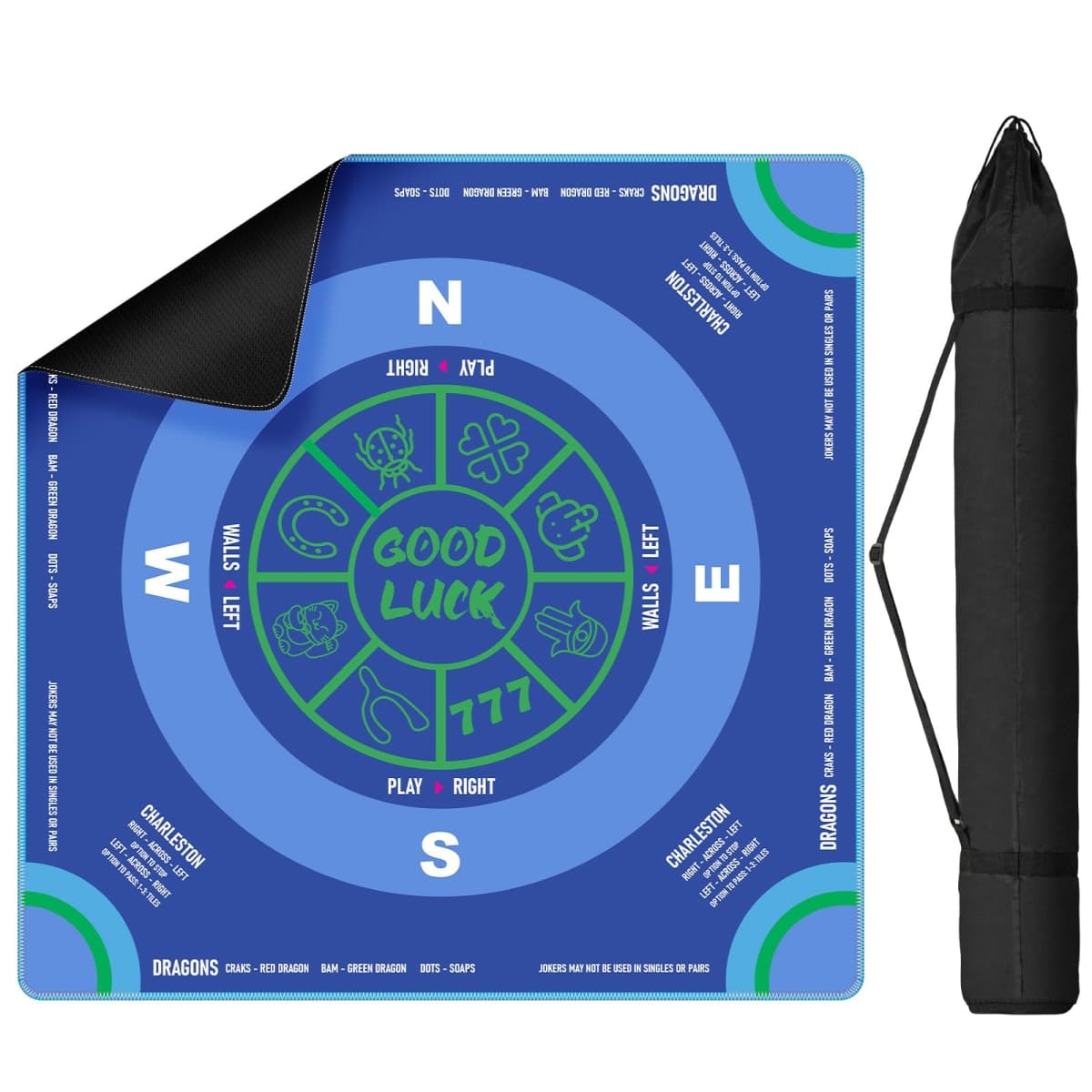 QUEENLINK Mahjong Table Mat with Rules, 32.5" x 32.5" Anti-Slip Neoprene Table Cloth, Noise-Reduction Game Mat with Portable Bag for Card, Board and Tile Games - Blue
