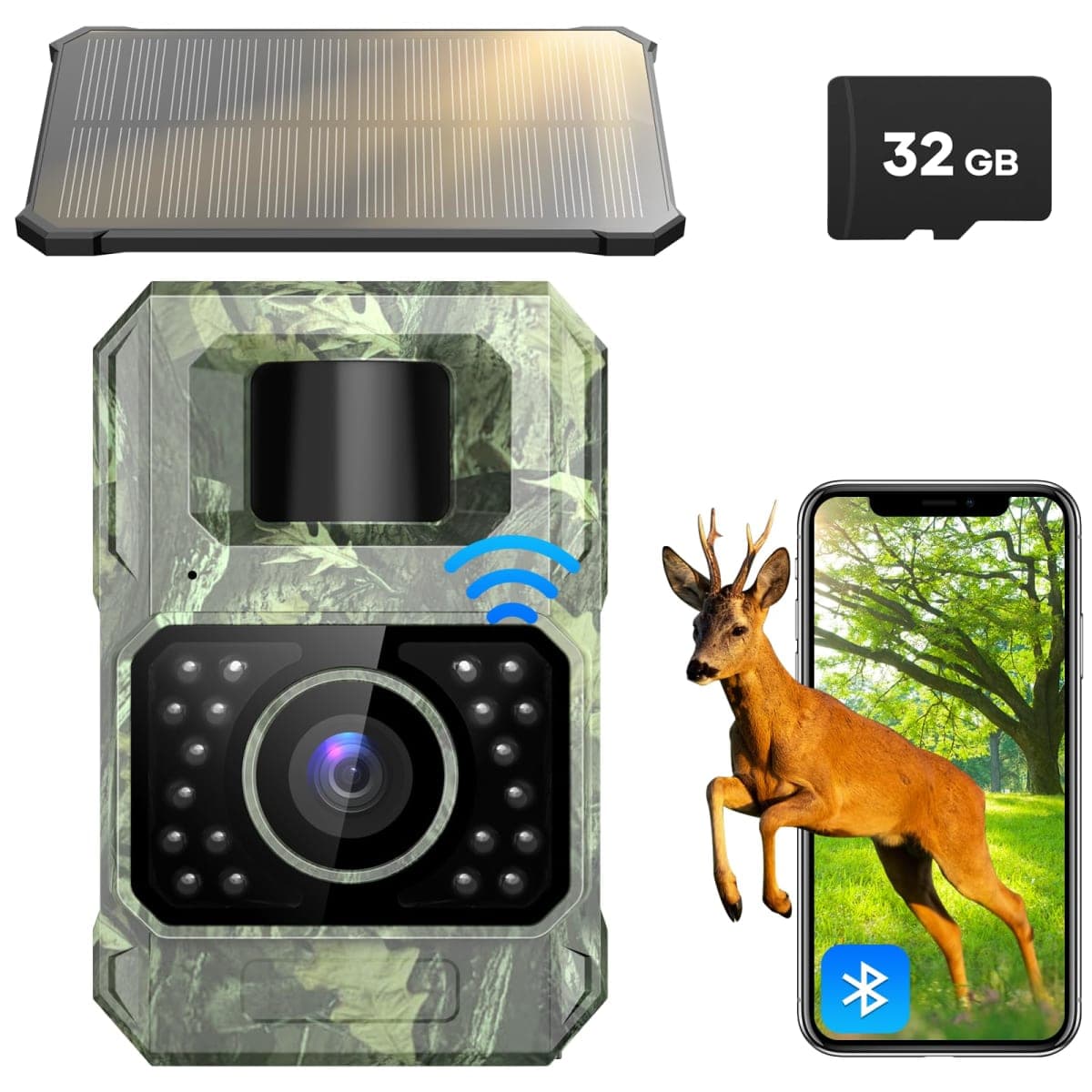 Assark Solar Trail Camera 48MP 30FPS WiFi Bluetooth Gaming Camera Motion Activated 0.2s Trigger Night Vision Motion IP66 Waterproof with 32GB Micro SD Card for Wildlife Scout