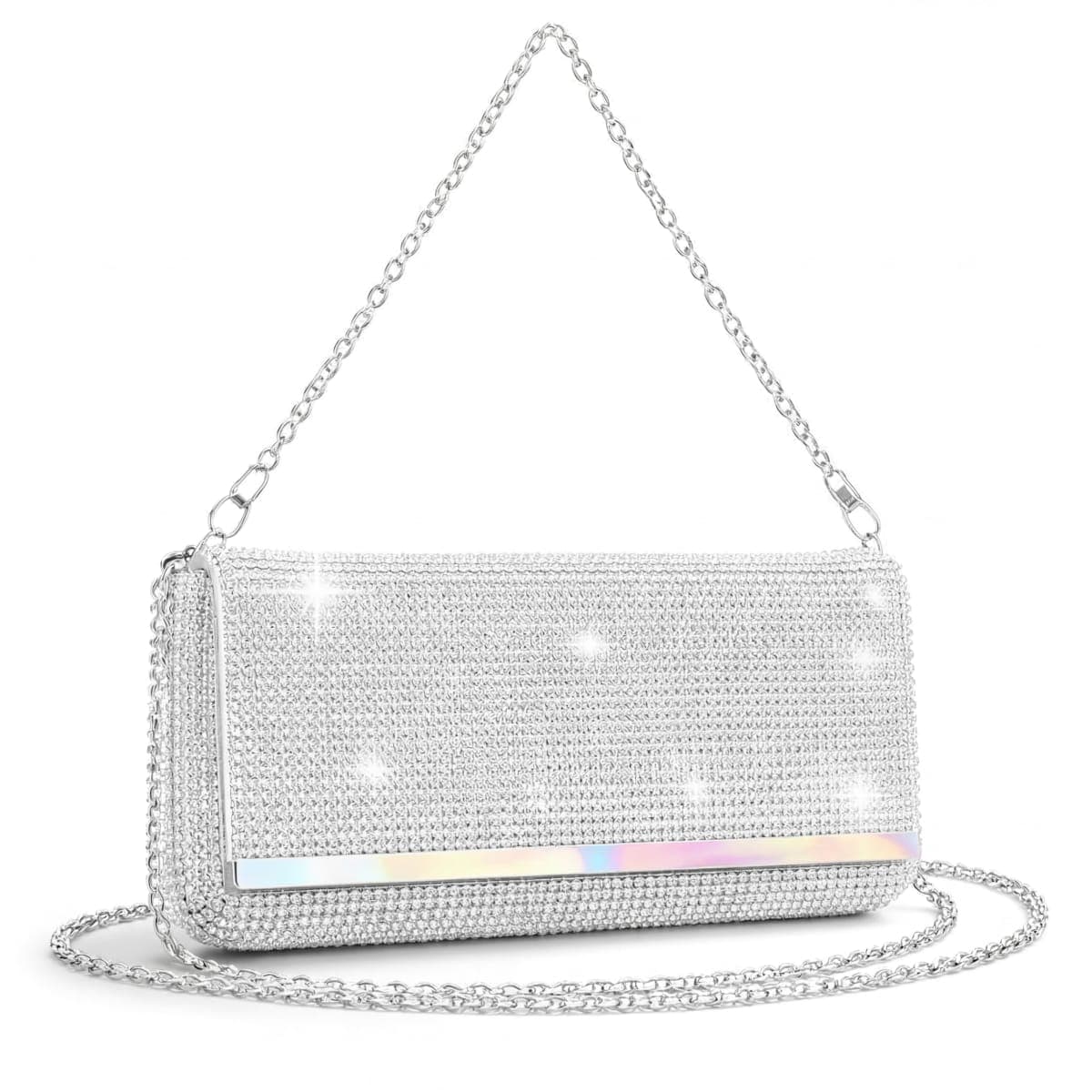 Tessco for you Silver Rhinestone Clutch Purse for Women Lady Girl Bride Sparkly Glitter Rhinestone Evening Bag for Wedding Engagement Prom Cocktail Party with Detachable Chain