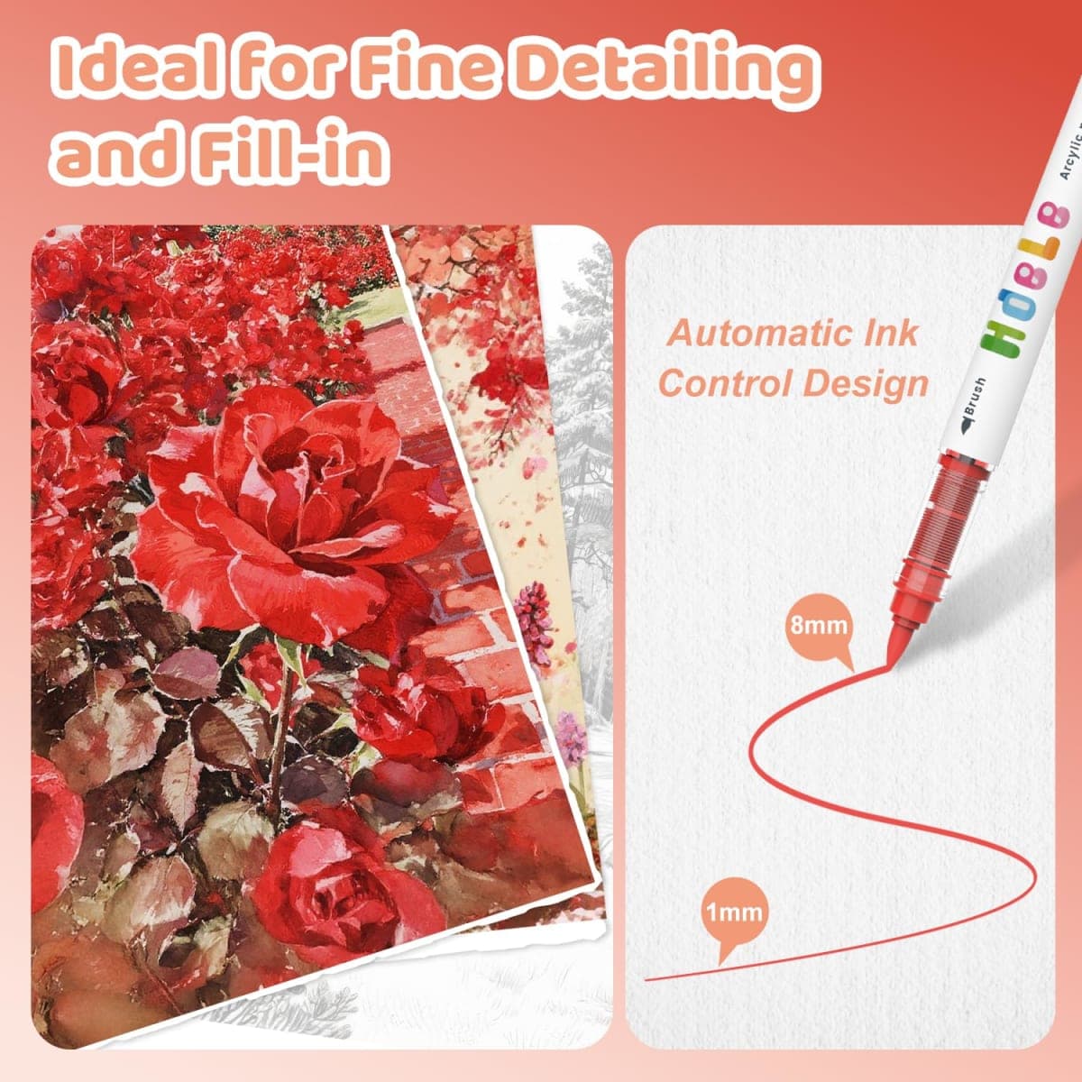 Guangna Red Acrylic Paint Pens 8 Color, Acrylic Paint Markers Red, Brush Tip Paint Markers for Rock Painting, Wood Glass Ceramic Canvas Stone DIY Crafts Making Art Supplies thumbnail 5