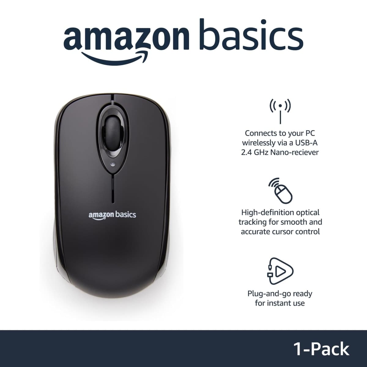 Amazon Basics Wireless Computer Mouse with Nano Receiver, Black thumbnail 2
