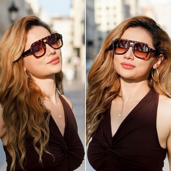 FEISEDY Vintage Aviator Sunglasses Double Bridge Women Men Large Square Thick Frame Trendy Eyewear UV400 B2846 thumbnail 4