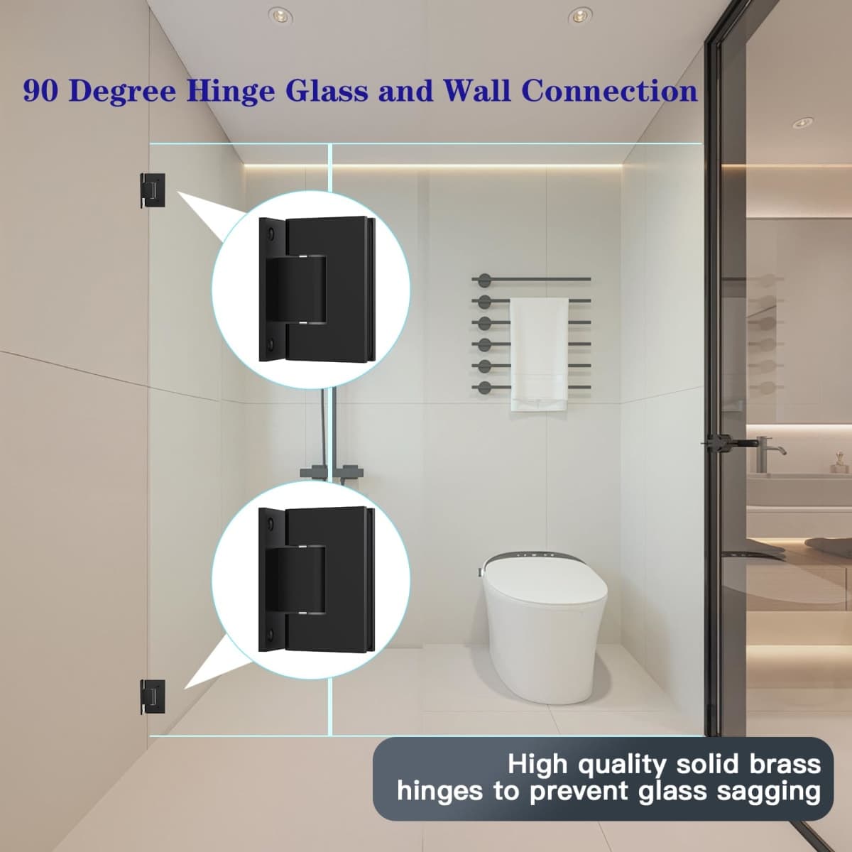 AatrixQuayn 90 Degree Glass Shower Door Hinges Heavy Duty Solid Brass, Shower Door Hardware Replacement for 5/16in (8mm) - 1/2in (12mm) Thickness Tempered Glass （Black, 90 Degree, 1 Pack thumbnail 2