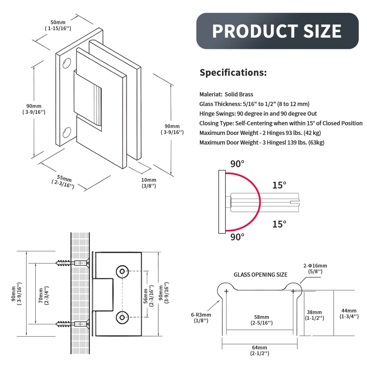 AatrixQuayn 90 Degree Glass Shower Door Hinges Heavy Duty Solid Brass, Shower Door Hardware Replacement for 5/16in (8mm) - 1/2in (12mm) Thickness Tempered Glass （Black, 90 Degree, 1 Pack thumbnail 5