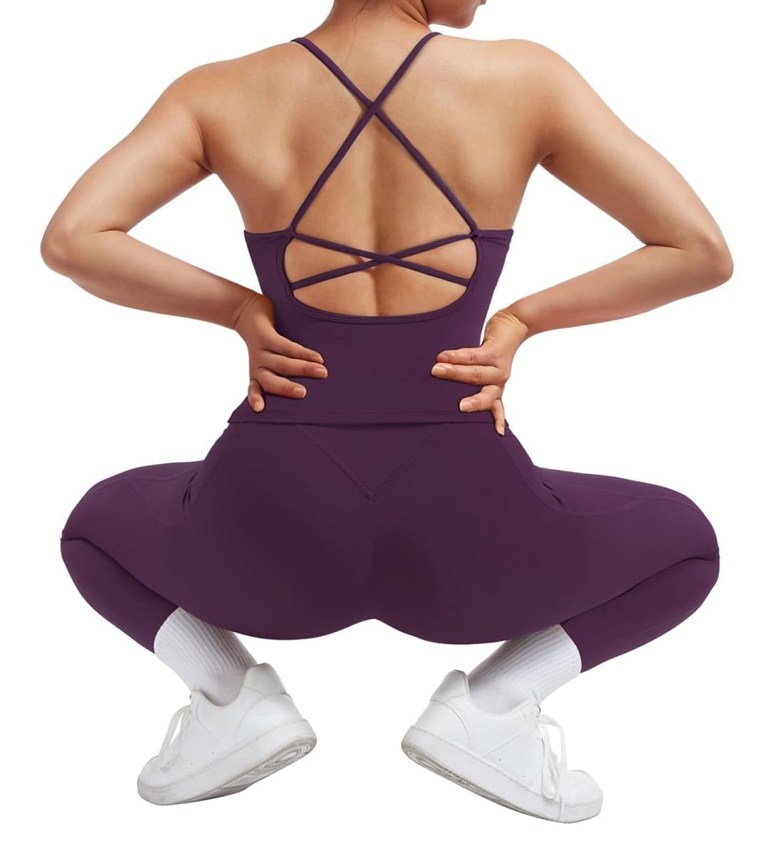 SUUKSESS Women 2 Piece Workout Sets Booty Leggings with Pockets Padded Tank Tops, Violet, Small thumbnail 4
