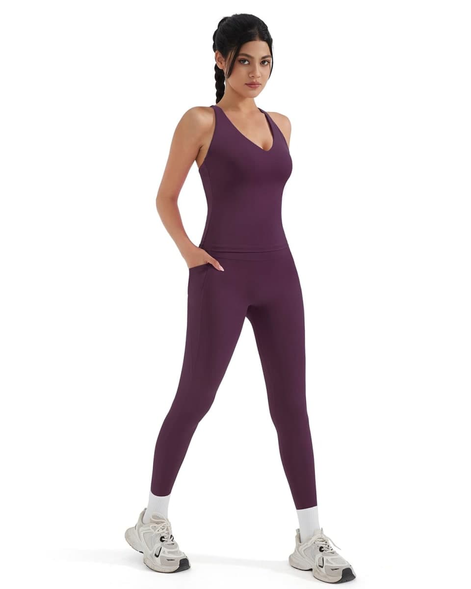 SUUKSESS Women 2 Piece Workout Sets Booty Leggings with Pockets Padded Tank Tops, Violet, Small thumbnail 5
