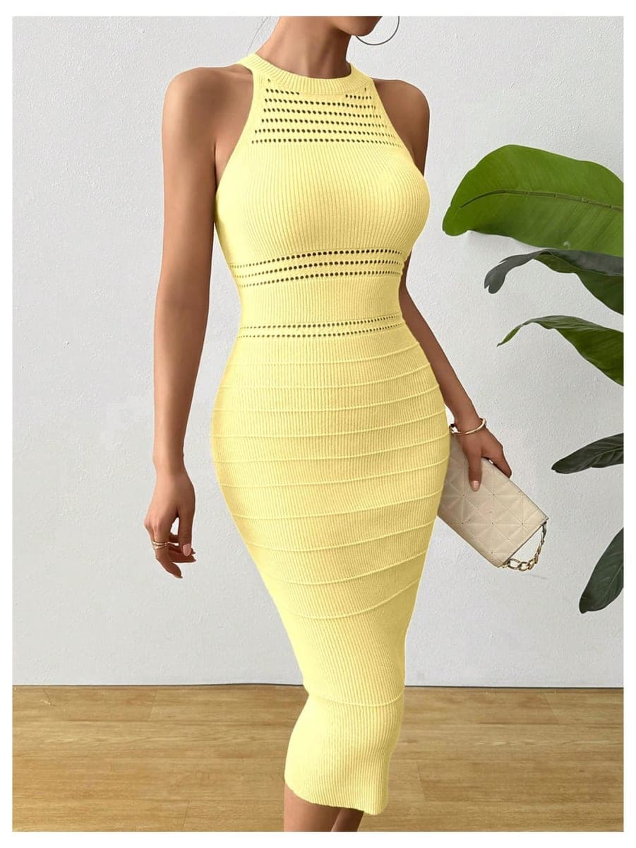 GORGLITTER Women's Crochet Halter Midi Dress Fall Wedding Guest Dresses Sleeveless Party Going Out Knit Sweater Dress, Yellow, Medium thumbnail 2