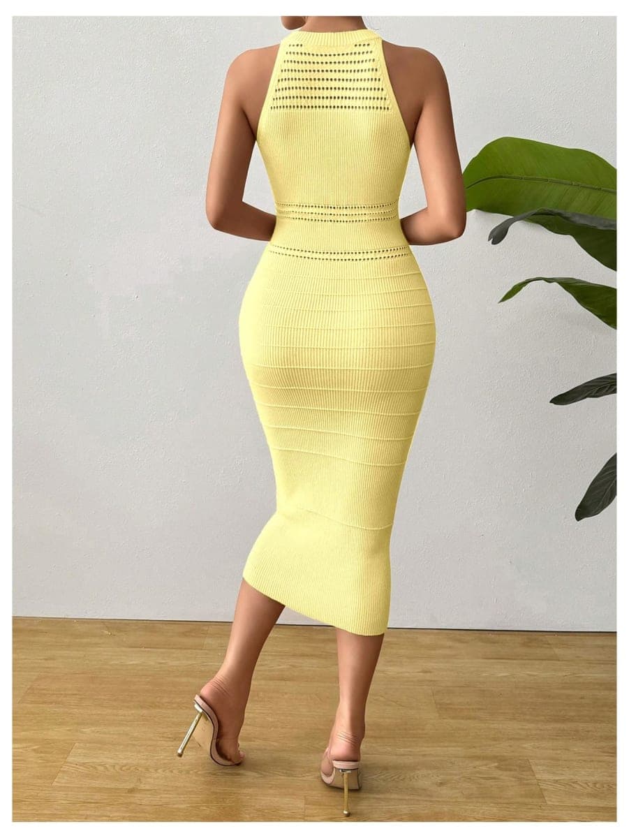 GORGLITTER Women's Crochet Halter Midi Dress Fall Wedding Guest Dresses Sleeveless Party Going Out Knit Sweater Dress, Yellow, Medium thumbnail 3