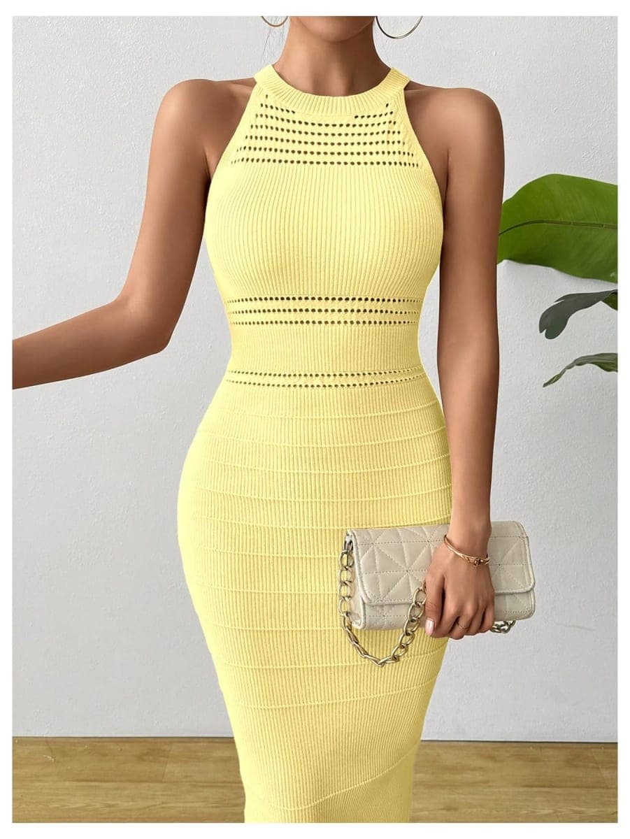 GORGLITTER Women's Crochet Halter Midi Dress Fall Wedding Guest Dresses Sleeveless Party Going Out Knit Sweater Dress, Yellow, Medium thumbnail 4
