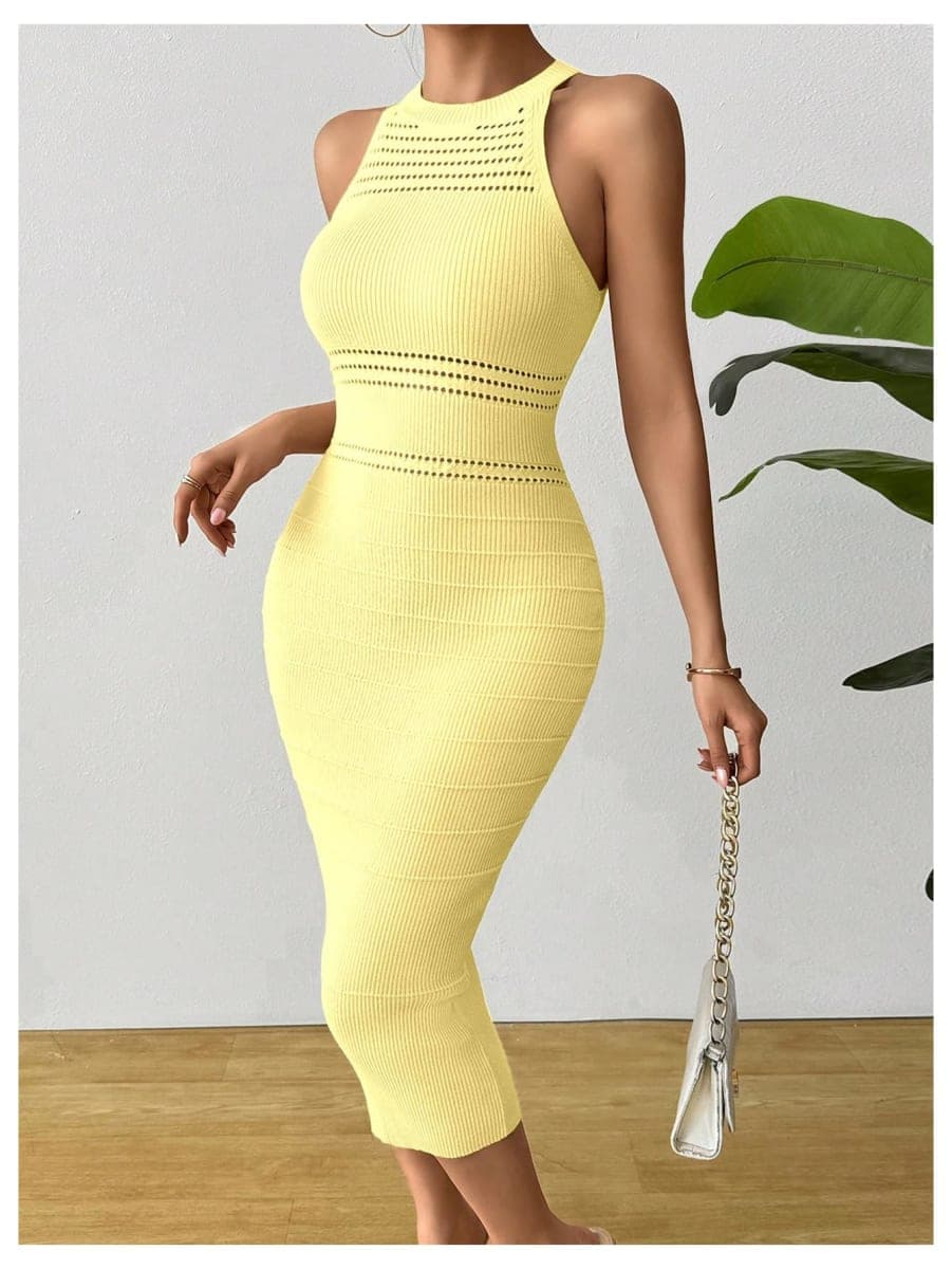 GORGLITTER Women's Crochet Halter Midi Dress Fall Wedding Guest Dresses Sleeveless Party Going Out Knit Sweater Dress, Yellow, Medium thumbnail 5