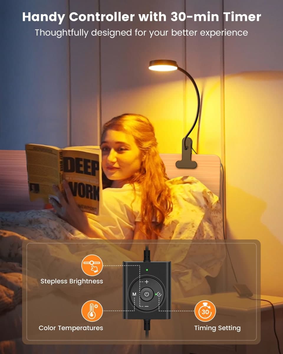 Glocusent 5W Clip on Light, 36LED Eye Caring Reading Lamp for Bed, 3 Colors & 5 Brightness, Perfect for Bed Lamp/Bunk Bed Light thumbnail 5