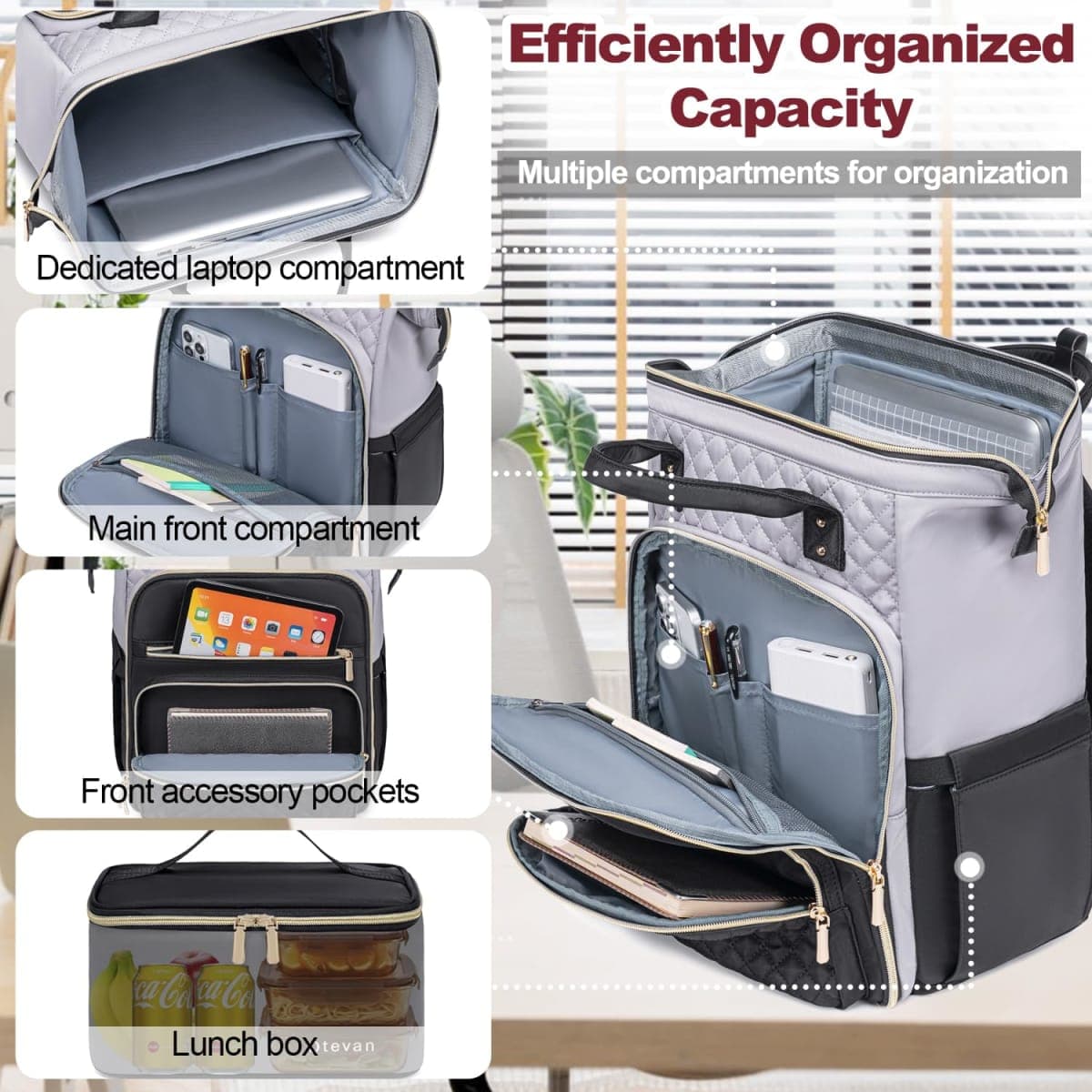 Otevan Laptop Backpack for Women,Travel Work Backpack Purse with USB Port,Large Capacity Nurse Bag Teacher Backpack, Gray/Black, 12 x 9 x 17 inches thumbnail 2