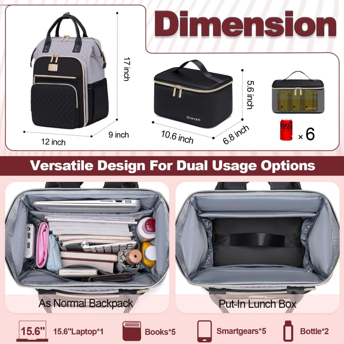 Otevan Laptop Backpack for Women,Travel Work Backpack Purse with USB Port,Large Capacity Nurse Bag Teacher Backpack, Gray/Black, 12 x 9 x 17 inches thumbnail 4