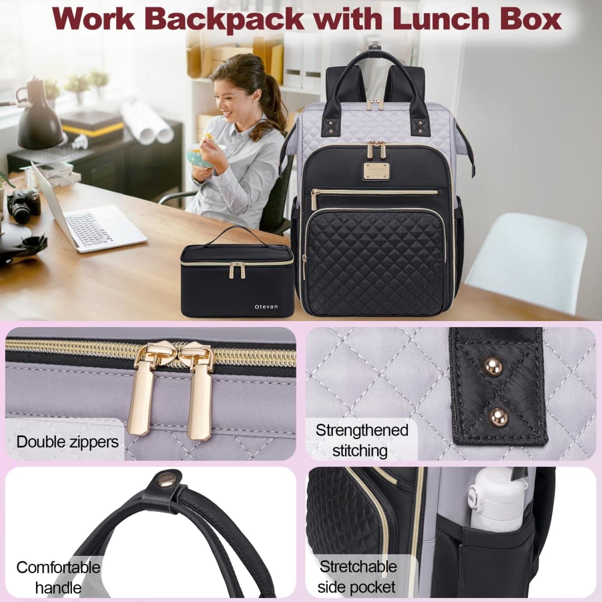 Otevan Laptop Backpack for Women,Travel Work Backpack Purse with USB Port,Large Capacity Nurse Bag Teacher Backpack, Gray/Black, 12 x 9 x 17 inches thumbnail 5