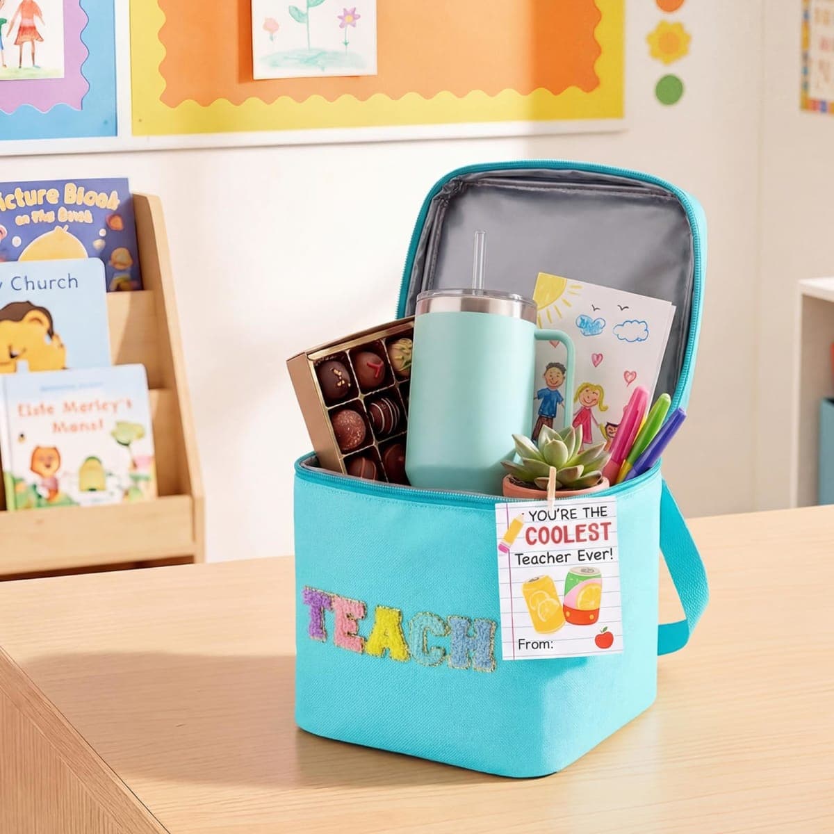 Suclain Summer Teacher Appreciation Gifts Teach Chenille Letter Cooler Bag with Ribbon Thank You Tag Wooden Clamp Cooler Bag for End of Year Graduation Retirement Summer Teacher Gifts from Student thumbnail 4