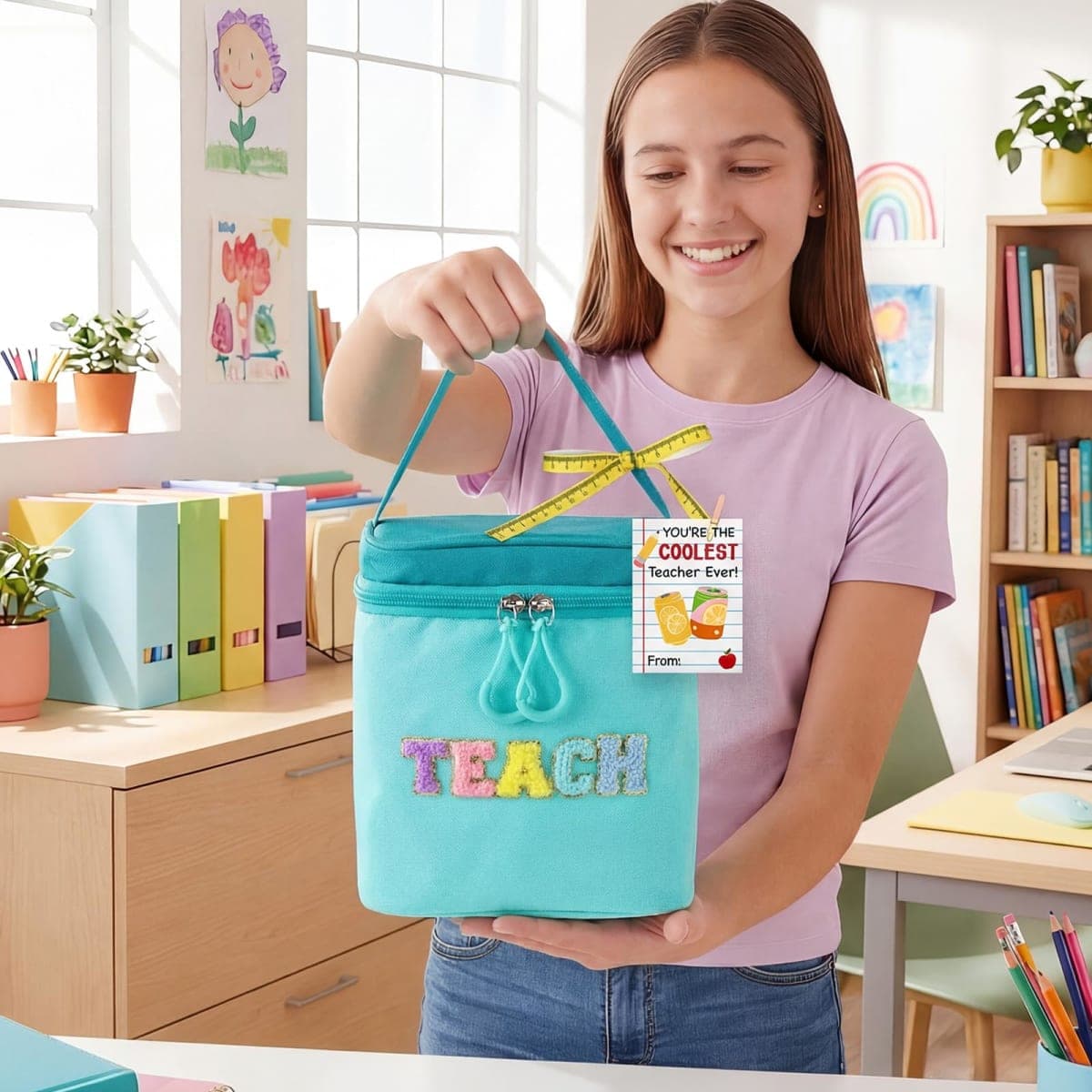Suclain Summer Teacher Appreciation Gifts Teach Chenille Letter Cooler Bag with Ribbon Thank You Tag Wooden Clamp Cooler Bag for End of Year Graduation Retirement Summer Teacher Gifts from Student thumbnail 5