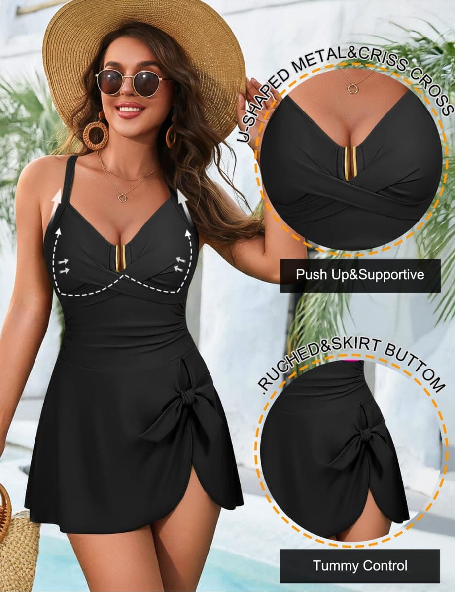 Blooming Jelly Womens Tummy Control One Piece Swimsuits Criss Cross Push Up Bathing Suits U-Wire Ruched Swim Dress 2026, Blue Stripes, X-Large thumbnail 4