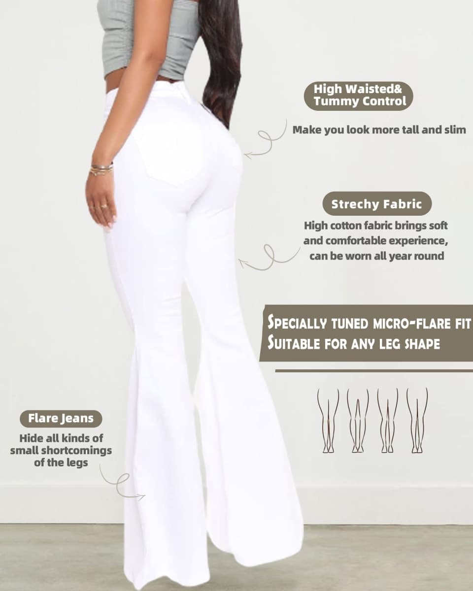 BISUAL Women's Fashion High Rise Jeans Slimming Wide Leg Stretch Denim Flare Bellbottom Jeans, White 68, 8 thumbnail 5