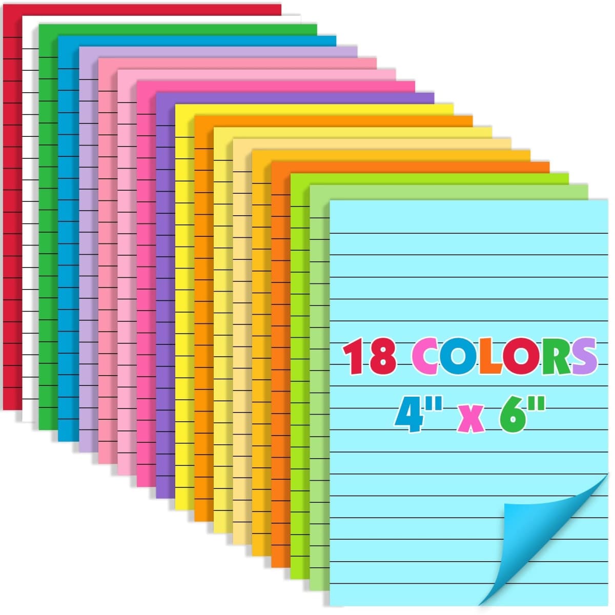 18 Pads Lined Sticky Notes, 18 Colors 4in x 6in Self Stick Note Pads, Strong Adhesive Sticky Note with Lines, Large Sticky Notes for School, Home, Office, 24 Sheets/Pad — image 1