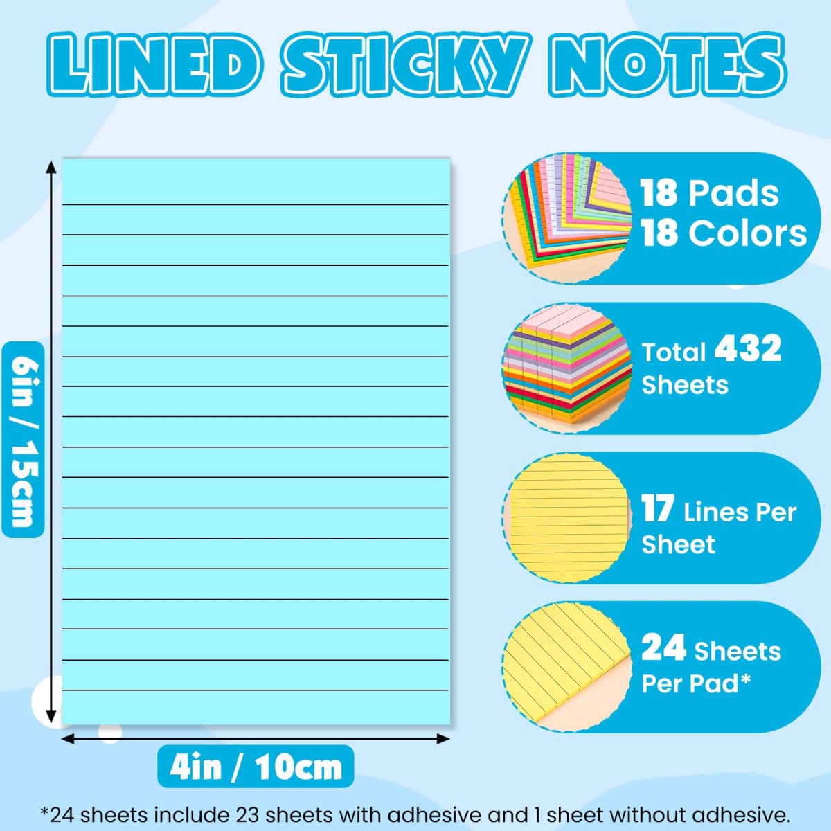 18 Pads Lined Sticky Notes, 18 Colors 4in x 6in Self Stick Note Pads, Strong Adhesive Sticky Note with Lines, Large Sticky Notes for School, Home, Office, 24 Sheets/Pad thumbnail 2