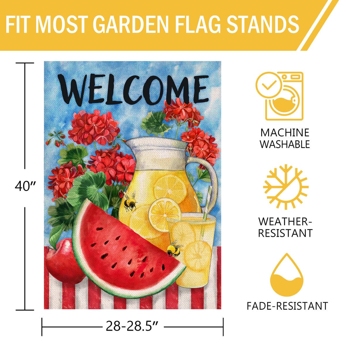Furiaz Welcome Summer Watermelon Lemon Juice Large Decorative House Flag, Lemonade Geranium Flowers Garden Yard Outside Decorations Burlap Outdoor Decor Double Sided 28 x 40 thumbnail 2