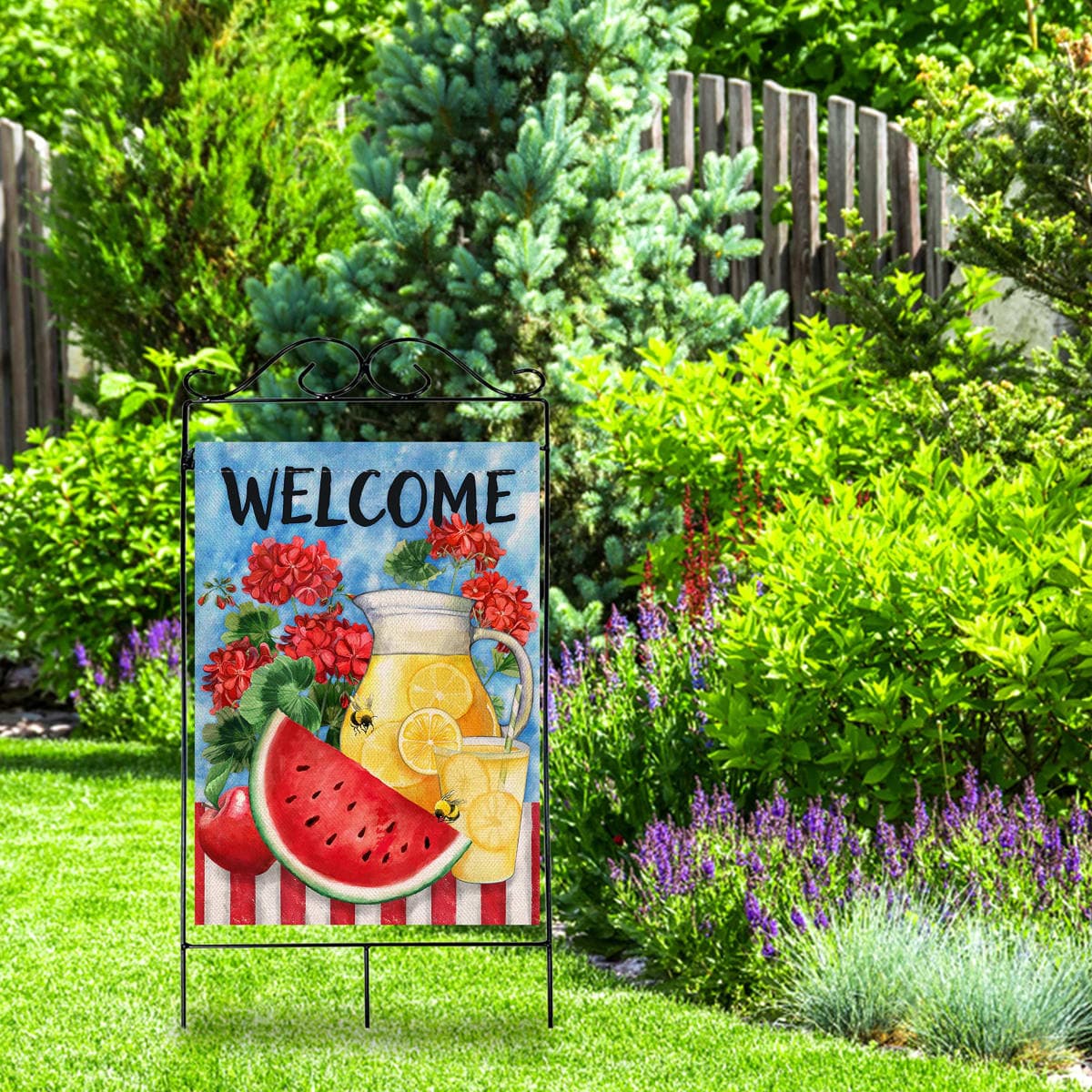 Furiaz Welcome Summer Watermelon Lemon Juice Large Decorative House Flag, Lemonade Geranium Flowers Garden Yard Outside Decorations Burlap Outdoor Decor Double Sided 28 x 40 thumbnail 5