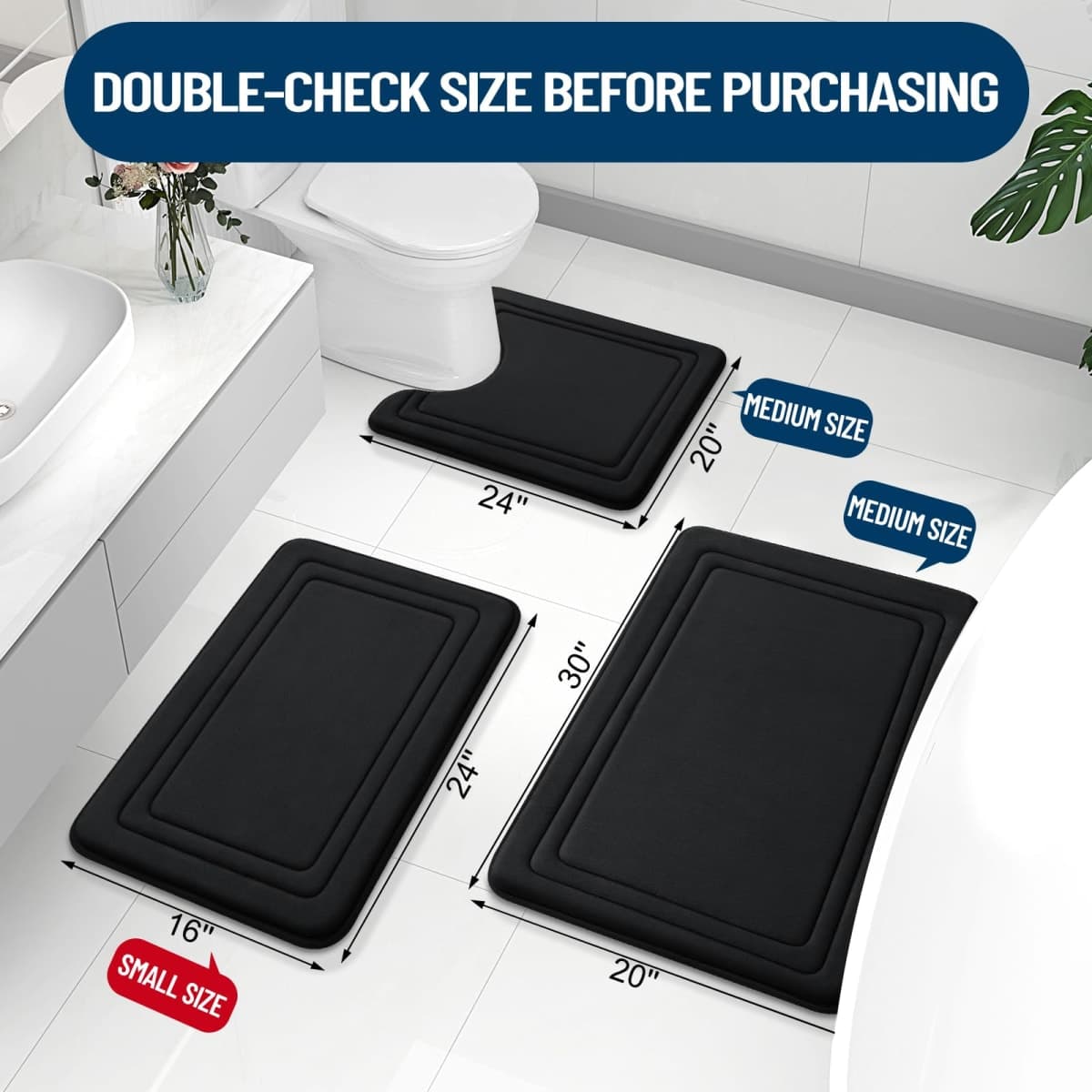 Grandaily Memory Foam Bath Mat Rug 30x20, Ultra Soft, Non-Slip and Absorbent Bathroom Rugs, Machine Wash Dry, Comfortable Bath Rug Carpet for Bathroom Floor, Tub and Shower, Black thumbnail 2