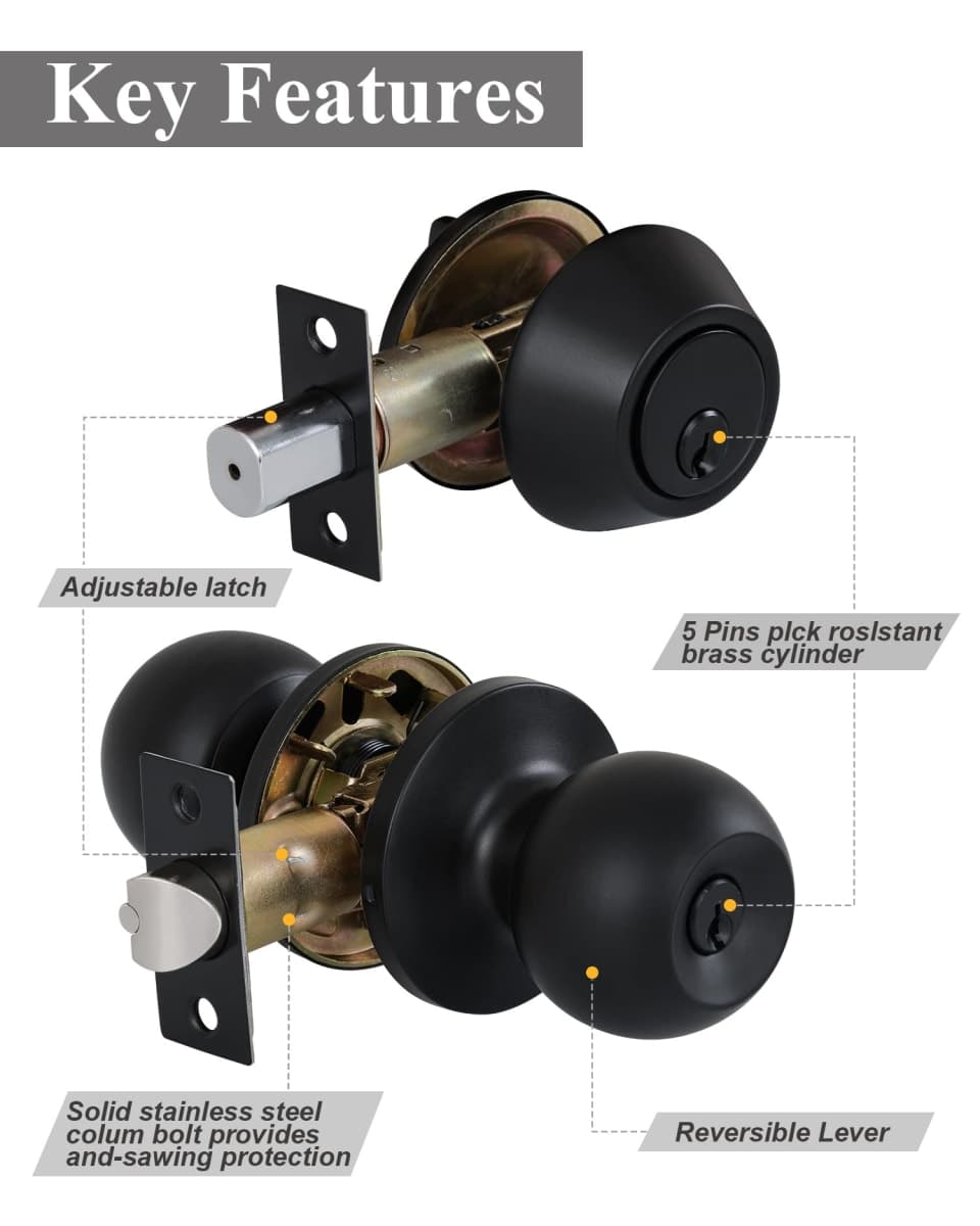 (4 Sets) All Keyed Same Entry Knobs&Single Cylinder Deadbolt for Exterior Front Doors, Matte Black Finish Entry Door Lock with Same Keys by Lanwandeng thumbnail 3
