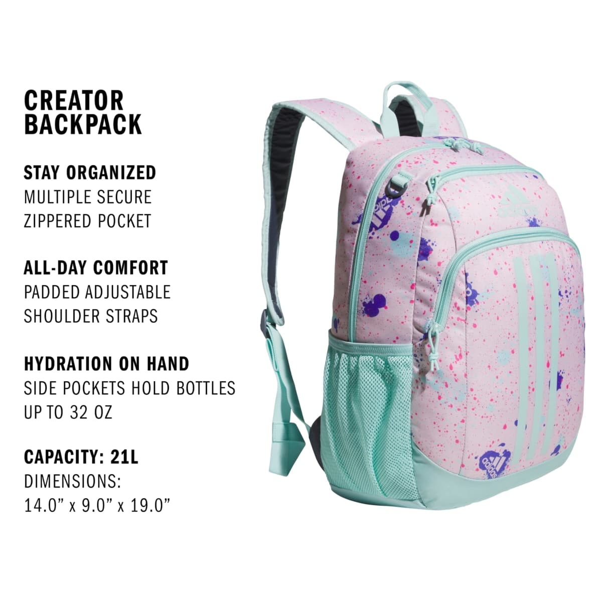 adidas Creator 2.0 Backpack (21l) Durable Small Athletic Laptop Bag, Splatter Sandy Pink/Semi Flash Aqua Blue, OSFA, Creator School Backpack for Girls & Boys — Durable Bookbag thumbnail 2