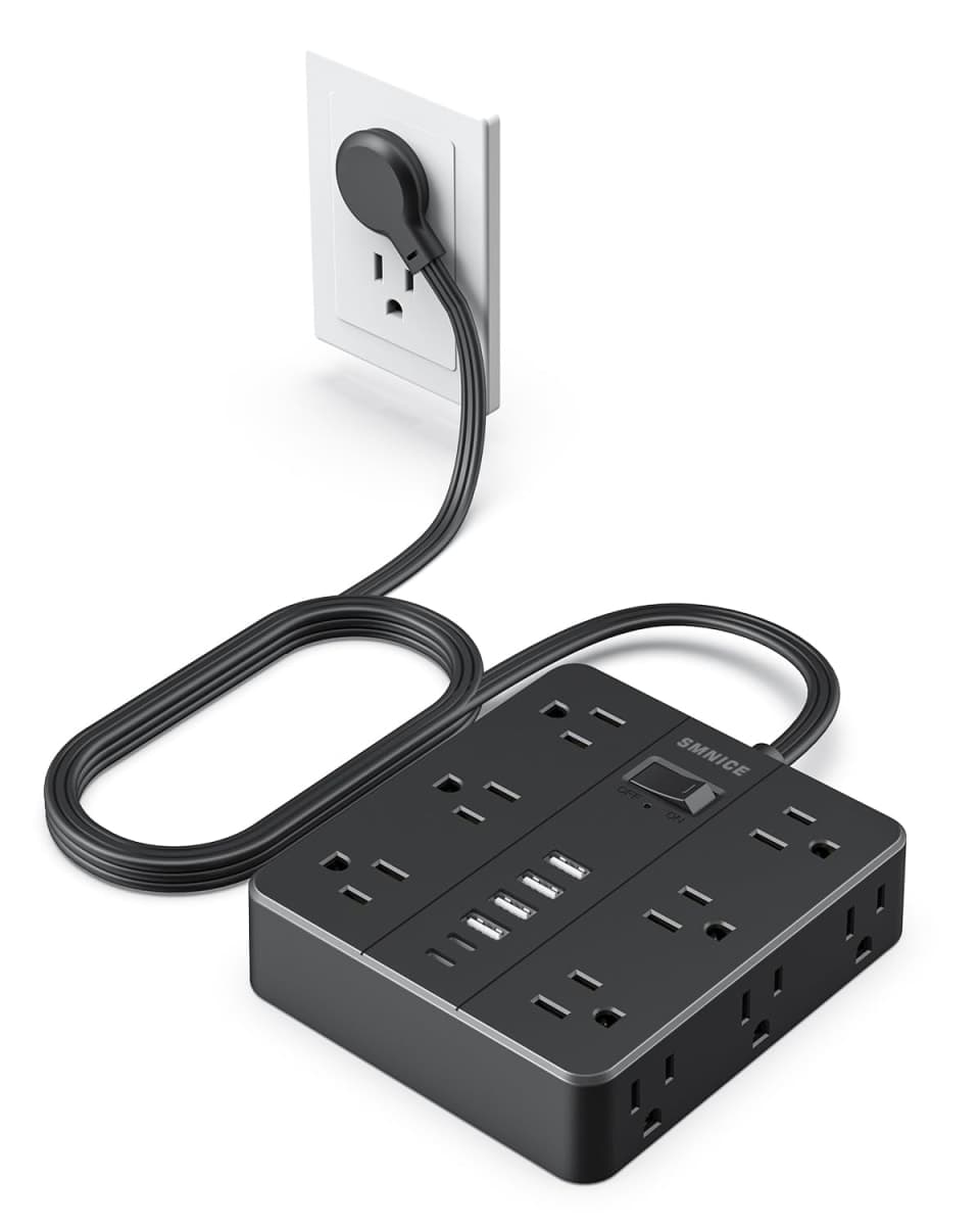 Power Strip Flat Plug with 12 Outlets 6 USB(2 USB C),SMNICE Charging Station with Overload Protection,5ft Extension Cord Widely Spaced Multiple Outlets for Home Office Dorm,Black — image 1