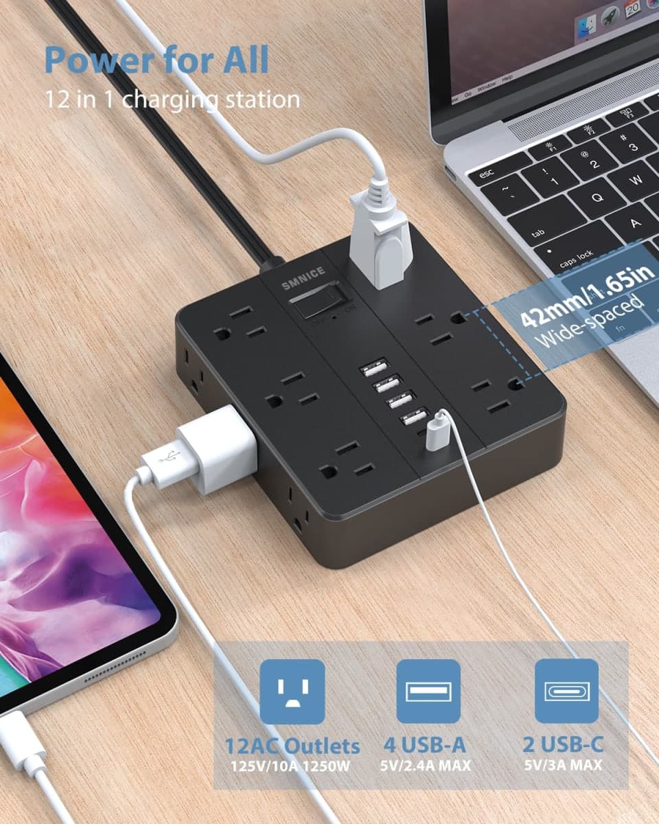 Power Strip Flat Plug with 12 Outlets 6 USB(2 USB C),SMNICE Charging Station with Overload Protection,5ft Extension Cord Widely Spaced Multiple Outlets for Home Office Dorm,Black thumbnail 2