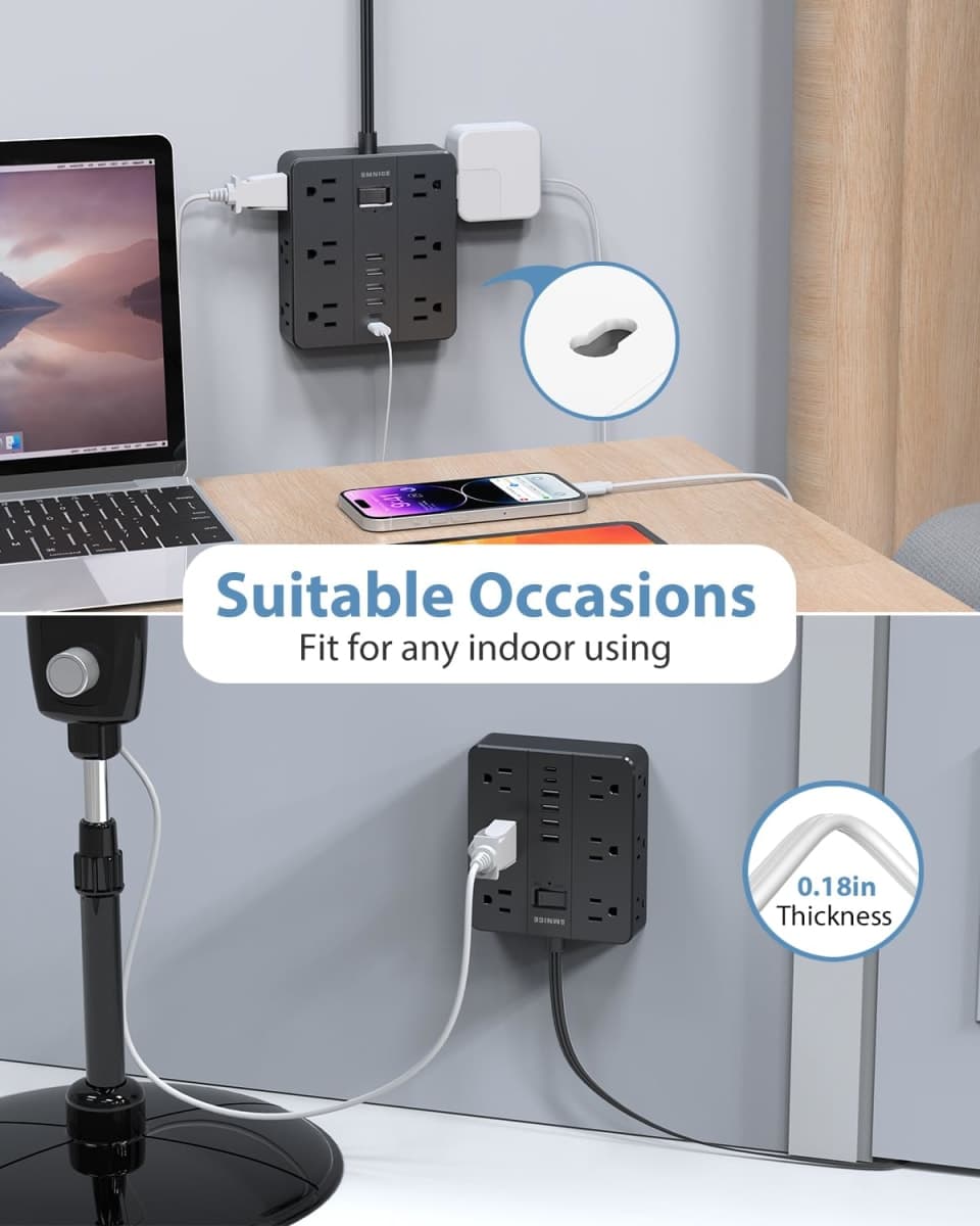 Power Strip Flat Plug with 12 Outlets 6 USB(2 USB C),SMNICE Charging Station with Overload Protection,5ft Extension Cord Widely Spaced Multiple Outlets for Home Office Dorm,Black thumbnail 3