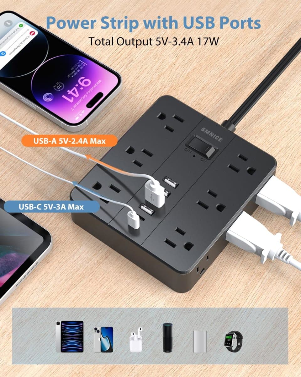 Power Strip Flat Plug with 12 Outlets 6 USB(2 USB C),SMNICE Charging Station with Overload Protection,5ft Extension Cord Widely Spaced Multiple Outlets for Home Office Dorm,Black thumbnail 4
