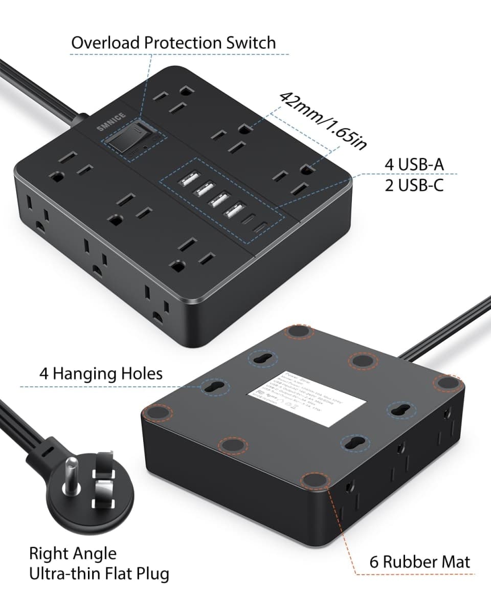 Power Strip Flat Plug with 12 Outlets 6 USB(2 USB C),SMNICE Charging Station with Overload Protection,5ft Extension Cord Widely Spaced Multiple Outlets for Home Office Dorm,Black thumbnail 5