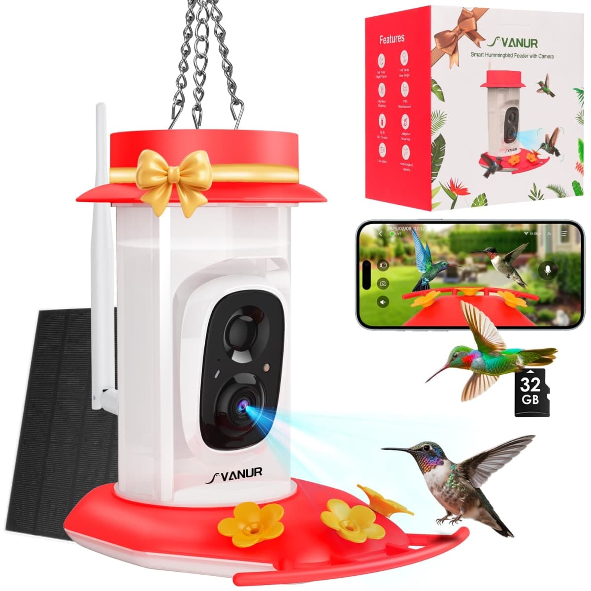 Svanur Smart Hummingbird Feeder with Camera Solar Powered,AI Identify Bird Species,Ant Moat,Bee Proof,Instant Notifications,W/32G Card,2K Live Video,Easy Clean & Refill,Ideal Gifts for Bird Lovers — image 1