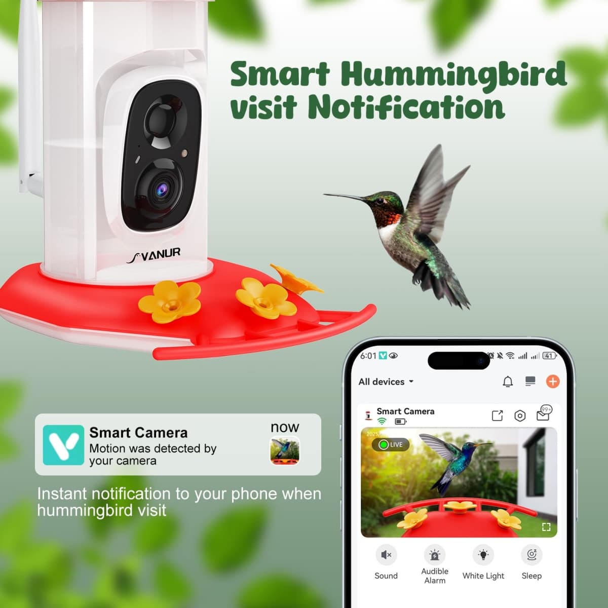 Svanur Smart Hummingbird Feeder with Camera Solar Powered,AI Identify Bird Species,Ant Moat,Bee Proof,Instant Notifications,W/32G Card,2K Live Video,Easy Clean & Refill,Ideal Gifts for Bird Lovers thumbnail 3