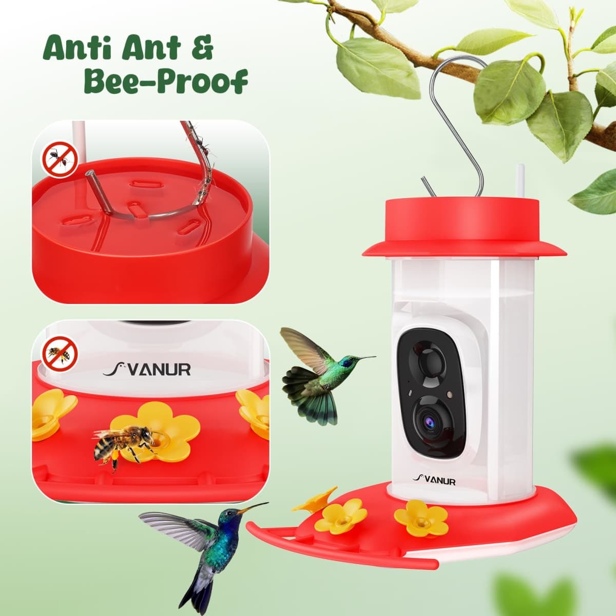Svanur Smart Hummingbird Feeder with Camera Solar Powered,AI Identify Bird Species,Ant Moat,Bee Proof,Instant Notifications,W/32G Card,2K Live Video,Easy Clean & Refill,Ideal Gifts for Bird Lovers thumbnail 5