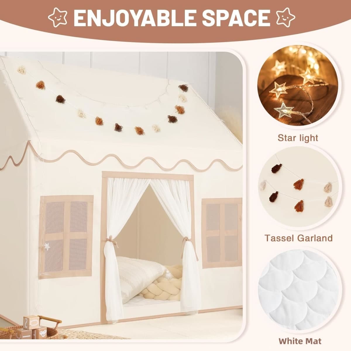 Senodeer Kids Play Tent Indoor: with Mat, Star Lights, Tissue Garland - Toddler Girl Tent Indoor Playhouse for Toddlers Kids Toys for Boy Girl Birthday Gift for Kids Age 3 Year Old thumbnail 3
