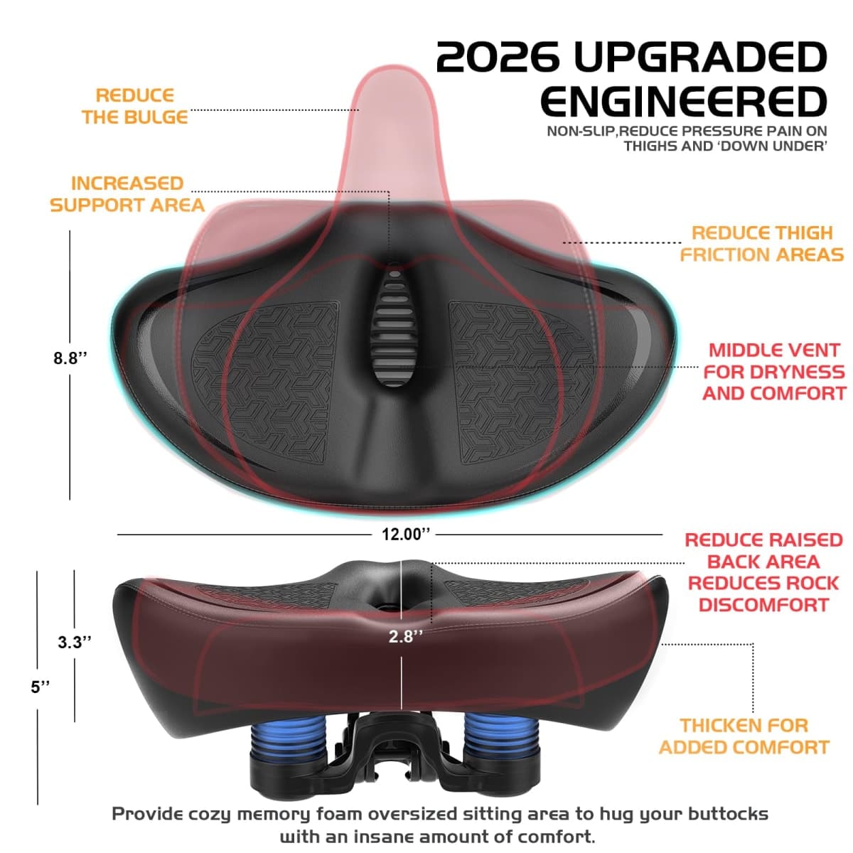 New Noseless Bike Seat Cushion for Men & Women - Extra Padding & Comfort Wide Bicycle Seat, Comfortable Saddle for Peloton Bikes, Exercise Bikes, Electric Bikes, Cruiser Bikes thumbnail 4