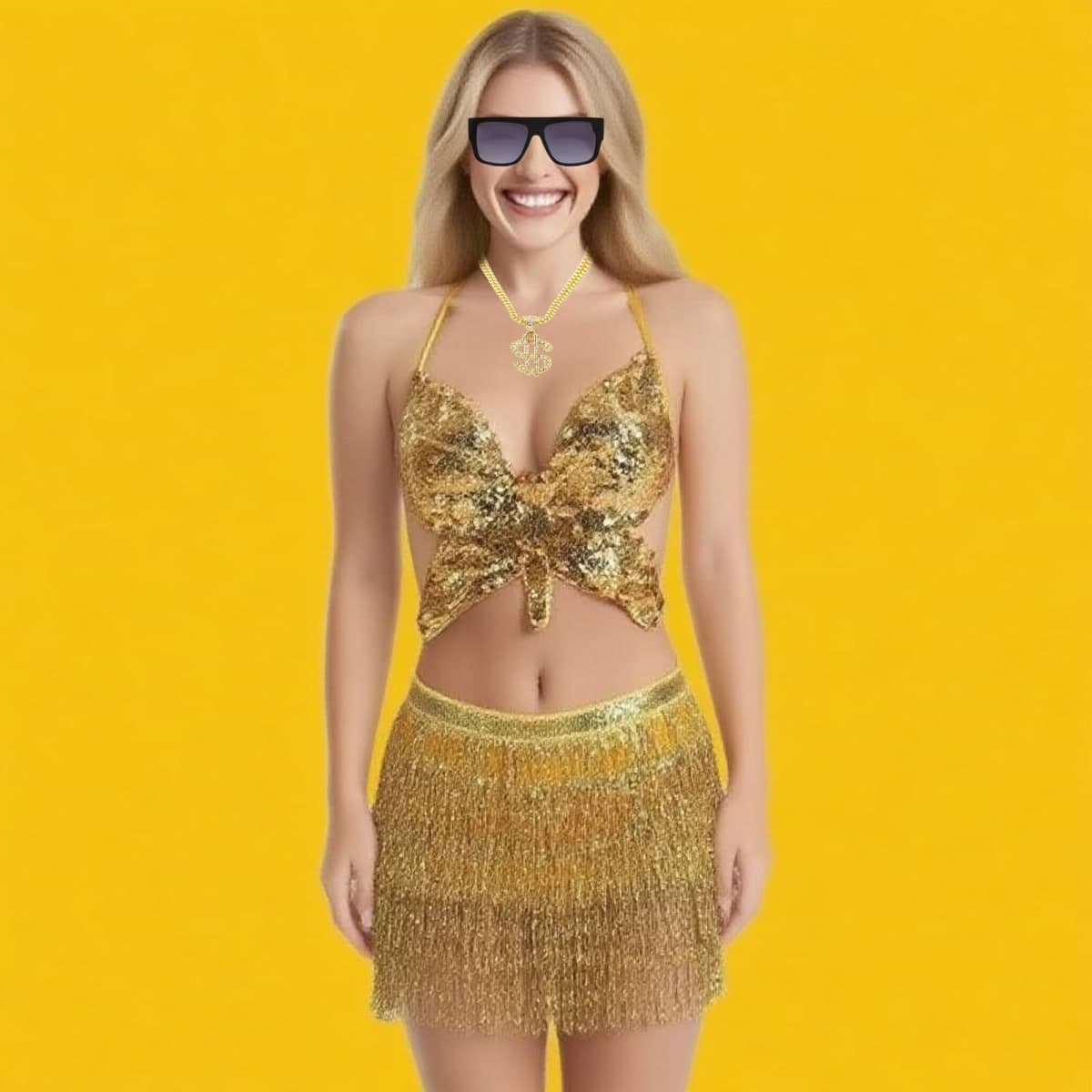 NIUEFH Gold Digger Costume for Women Fringe Skirt Fake Gold Chain,Sunglasses Disco Sparkle Costume for Halloween Party Decorations thumbnail 3