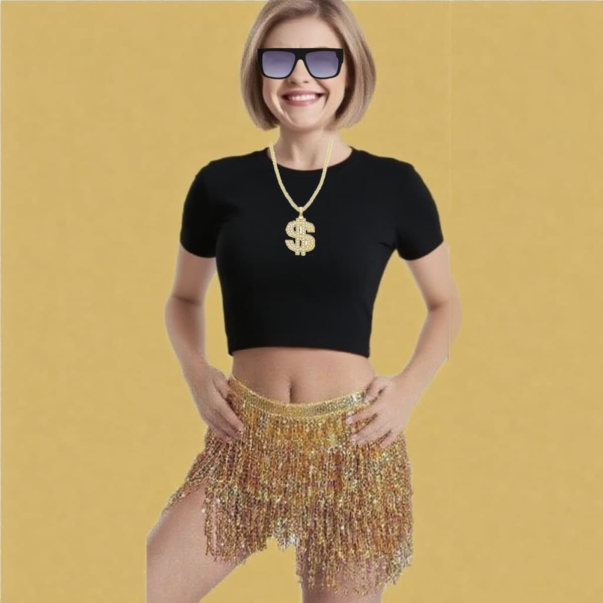 NIUEFH Gold Digger Costume for Women Fringe Skirt Fake Gold Chain,Sunglasses Disco Sparkle Costume for Halloween Party Decorations thumbnail 4