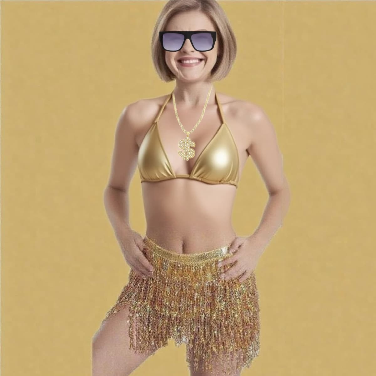NIUEFH Gold Digger Costume for Women Fringe Skirt Fake Gold Chain,Sunglasses Disco Sparkle Costume for Halloween Party Decorations thumbnail 5