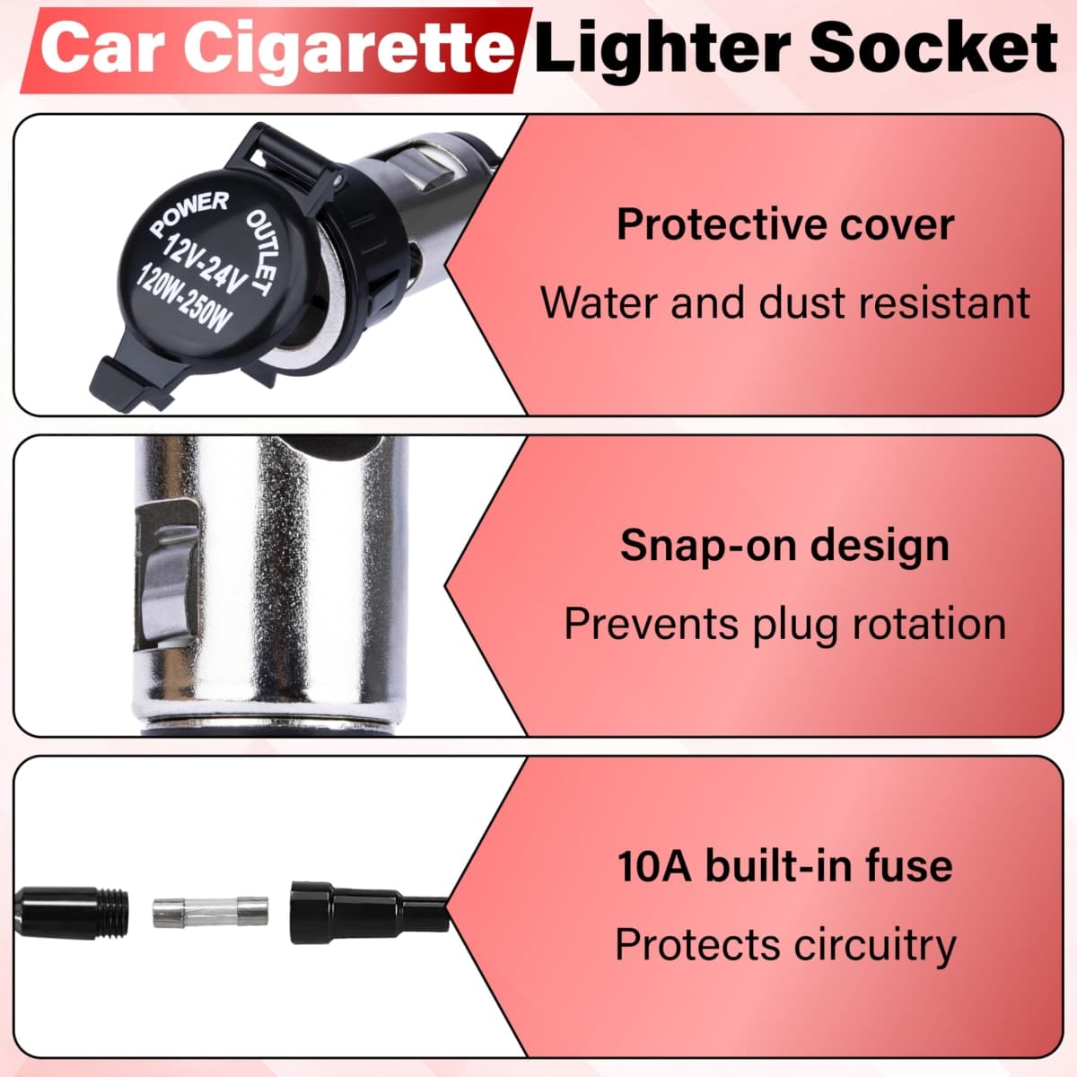 2 PCS Car Cigarette Lighter Socket, Cigarette Lighter Replacement, 12 Volt Female Power Outlet Socket with Cover and Wiring Harness, Universal for Car, Automotive, Truck, RV, Boat, Motorcycle thumbnail 3