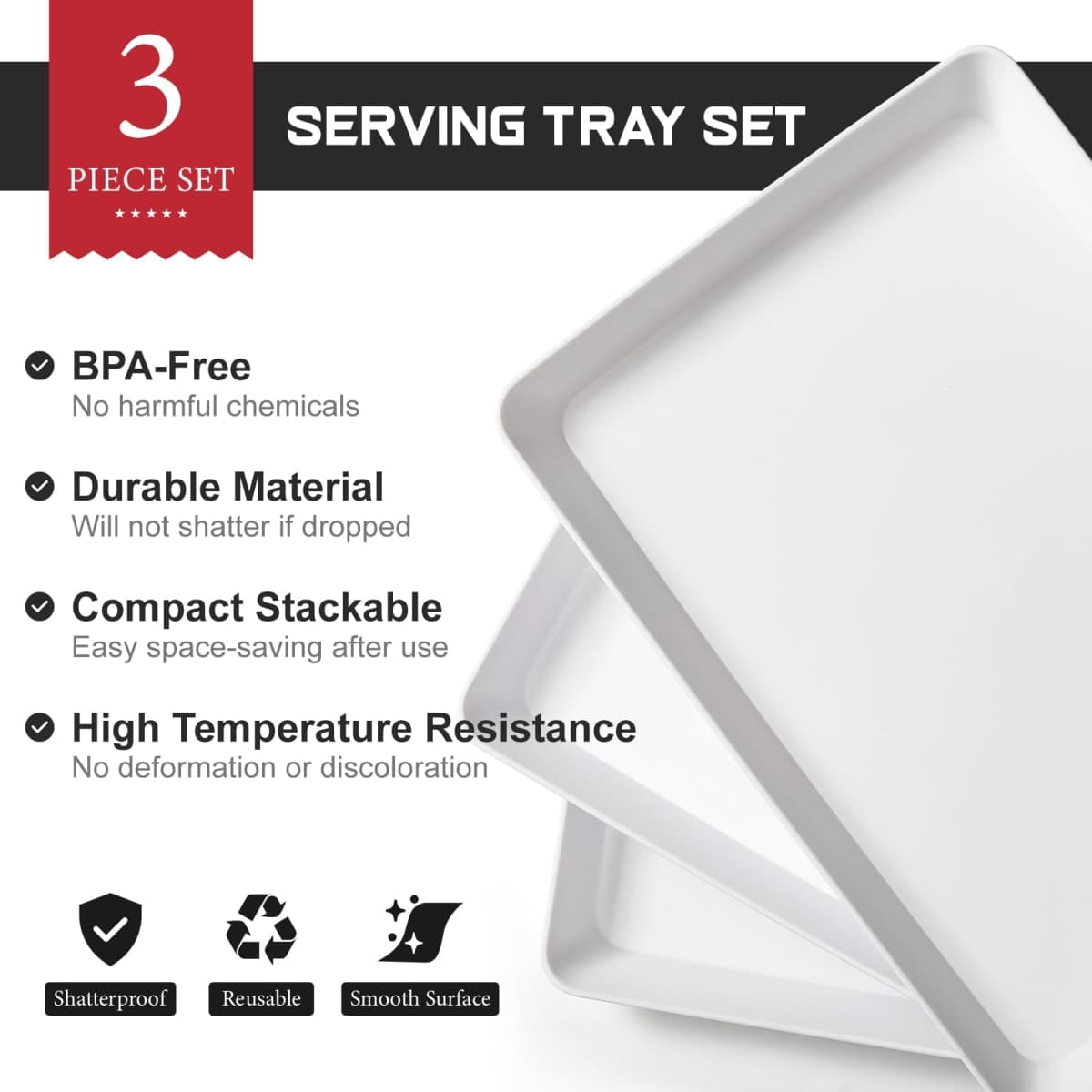 3 Pack, 16" x 11" Large White Serving Trays Set - Reusable Plastic Serving Platters for Cookie, Appetizer, Charcuterie, Snack, Dessert, Party Food Display - Stackable Kitchen CounterTop Tray, BPA Free thumbnail 3