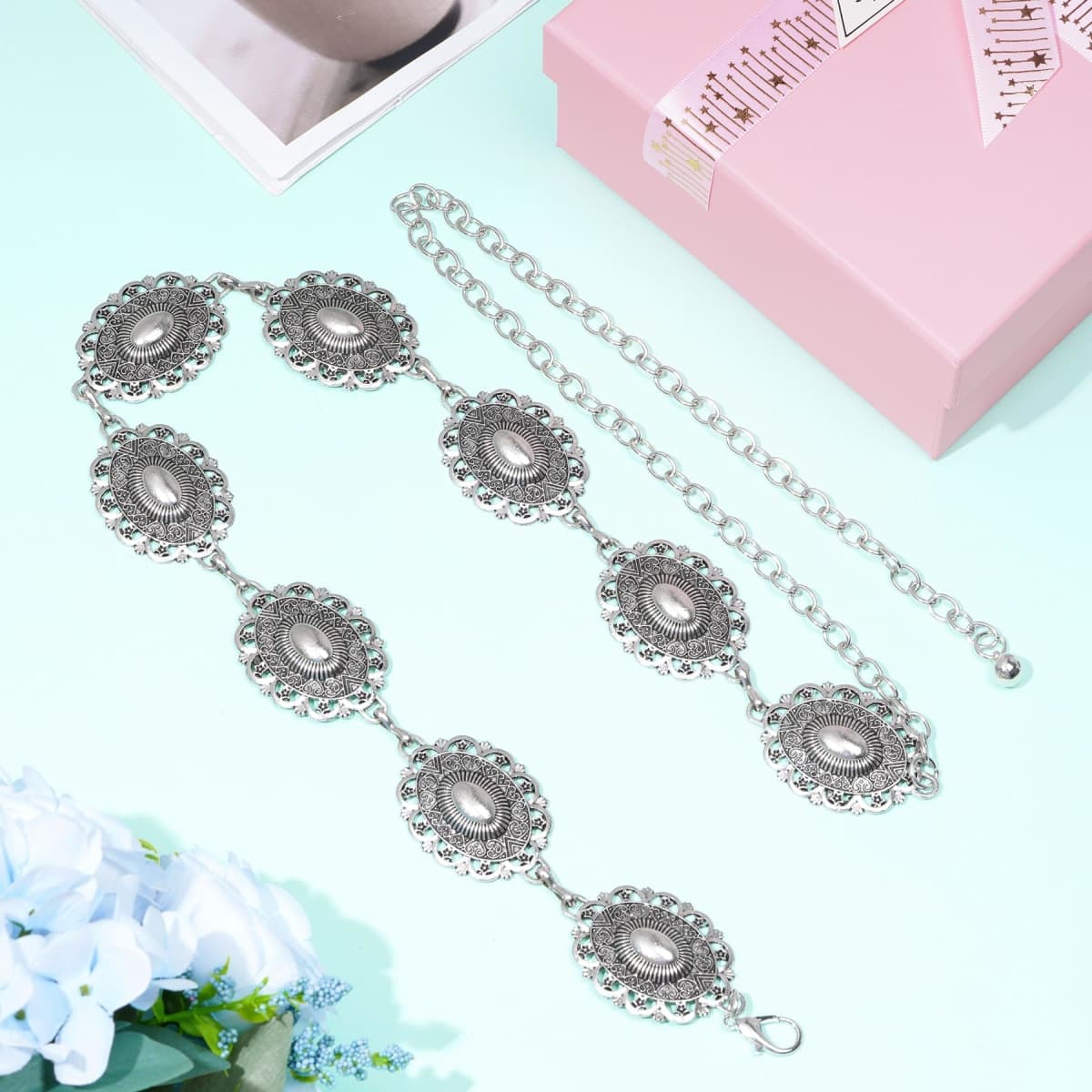 Topbuti Western Oval Concho Chain Belt for Women Metal Waist Chain Belt for Dresses Jeans Western Cowgirl thumbnail 4